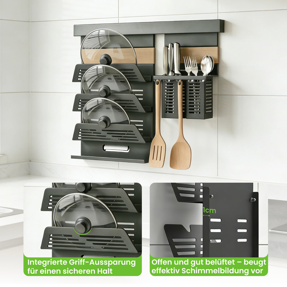 glasvilla Porta Spezie con Supporto per Cellulare o Porta Rotolo, Porta Coperchi a 3 Livelli e Porta Mestoli con 5 Ganci da Cucina, da Appendere con Guide, Reglo-09-12