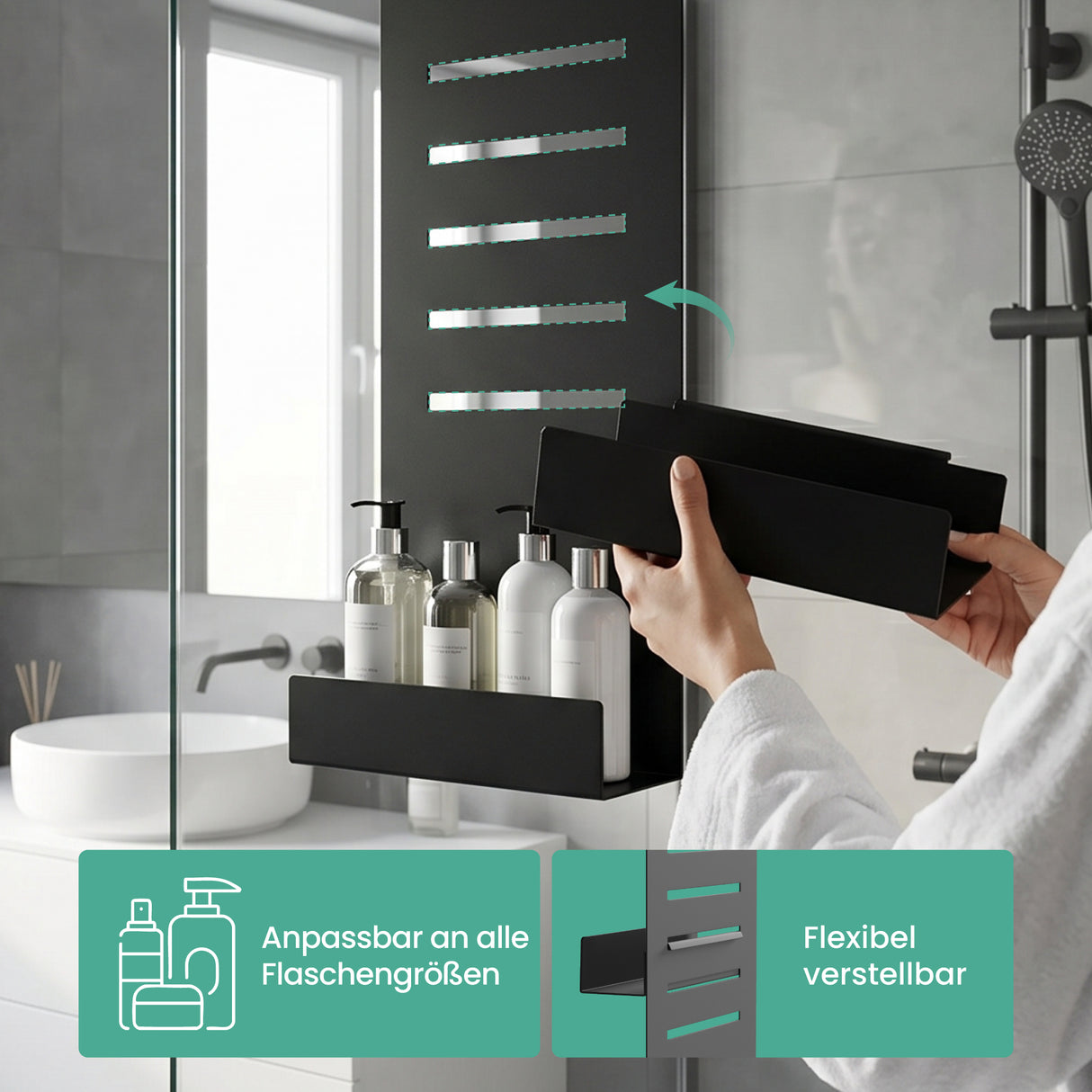 glasvilla Duschablage zum Hängen, Duschregal Ohne Bohren für Glasduschtüren, Hängeregal mit 2 Etagen und 3 Haken, Badezimmer Organizer Oryne-01