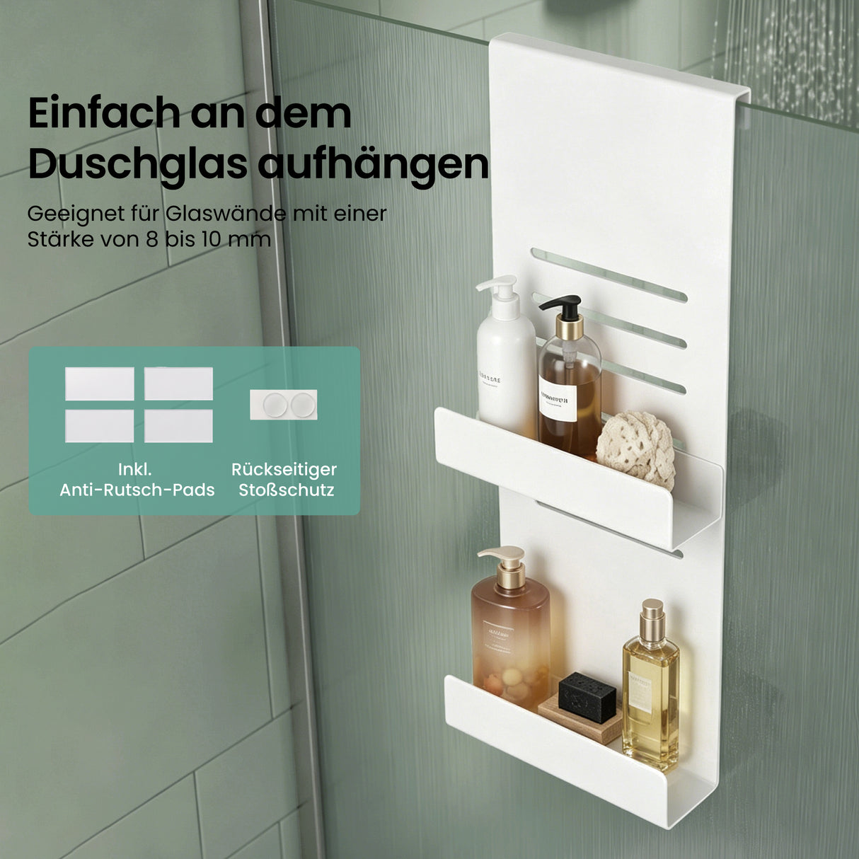 glasvilla Duschablage zum Hängen, Duschregal Ohne Bohren für Glasduschtüren, Hängeregal mit 2 Etagen und 3 Haken, Badezimmer Organizer Oryne-01