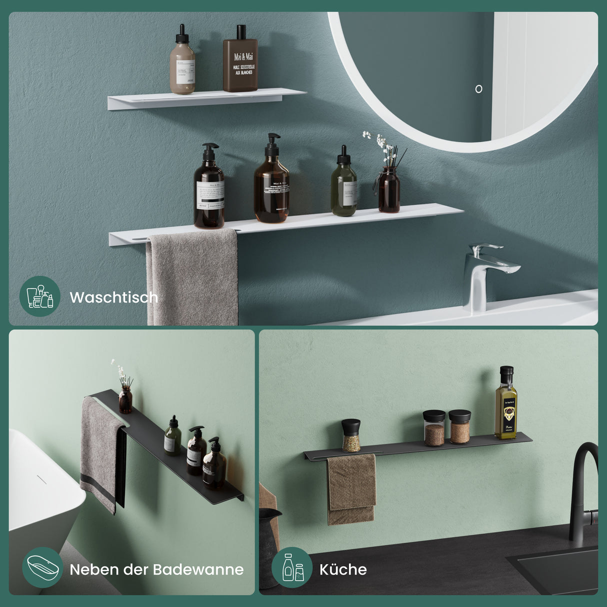 Estante de Ducha Glasvilla Reglo-06 Aluminio Premium 2-en-1 con Toallero (Atornillable o Adhesivo)