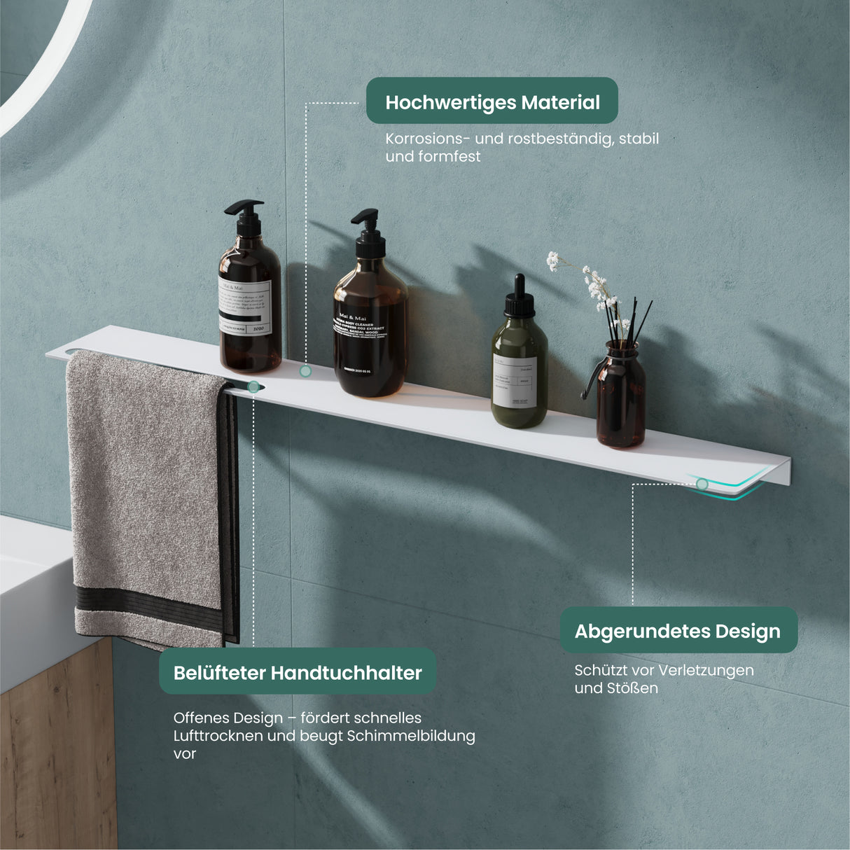 Estante de Ducha Glasvilla Reglo-06 Aluminio Premium 2-en-1 con Toallero (Atornillable o Adhesivo)