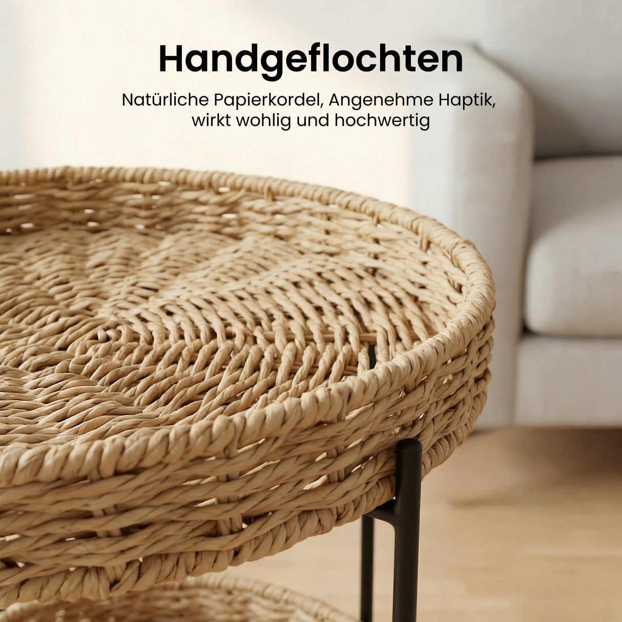 glasvilla Beistelltisch rund , Couchtisch klein mit abnehmbarem Tablett aus Papierkordel, Sofatisch für Wohnzimmer, Schlafzimmer und Balkon, Reglo-08