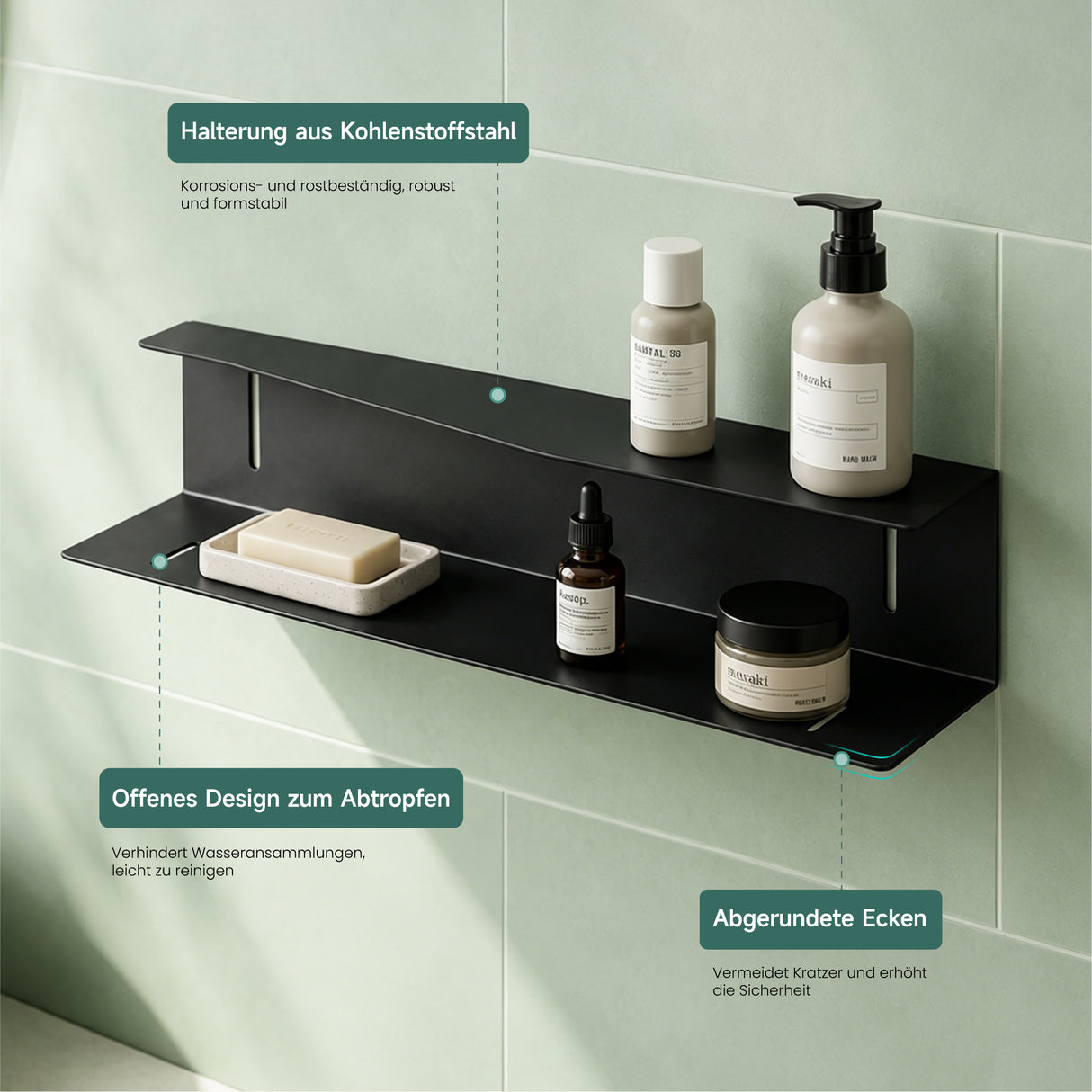 glasvilla Mensola da Parete Multifunzionale, Mensola Doccia in Acciaio al Carbonio Antiruggine, Installazione con Foratura o Adesivo, Adatta per Bagno e Cucina, Reglo-15