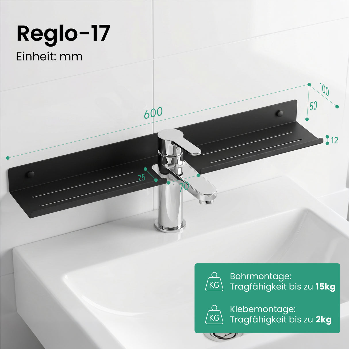 Glasvilla Duschregal zum Bohren oder Kleben, Waschbeckenregal über Wasserhahn, Wandregal für Küche und Bad, Badezimmer Organizer Reglo-17