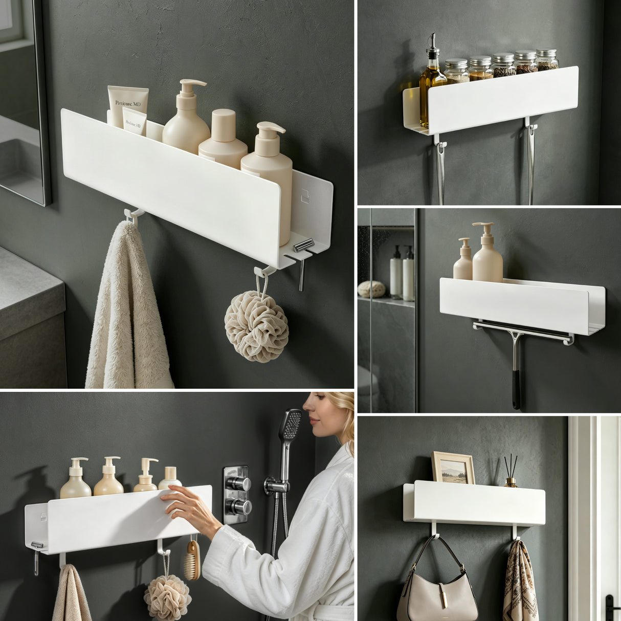 glasvilla Duschablage ohne Bohren mit 2 Schiebehaken, Reglo-18 40cm | Duschregal ohne Bohren oder mit Bohren, Ablaufdesign Badezimmer Organizer, Metall, Shampoo Halterung für Dusche, Bad & Küche