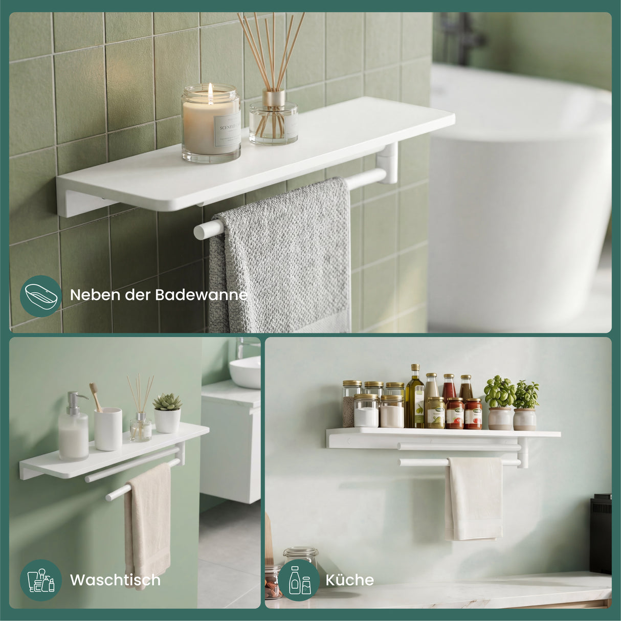 glasvilla Duschablage zum Bohren, Duschregal mit 2 Handtuchstangen aus Aluminiumlegierung, Badezimmerablage zur Wandmontage, Badezimmer Organizer Reglo-19