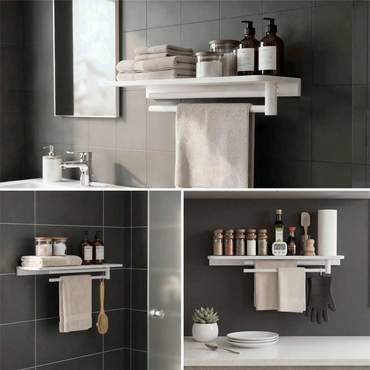 glasvilla Duschablage zum Bohren, Duschregal mit 2 Handtuchstangen aus Aluminiumlegierung, Badezimmerablage zur Wandmontage, Badezimmer Organizer Reglo-19
