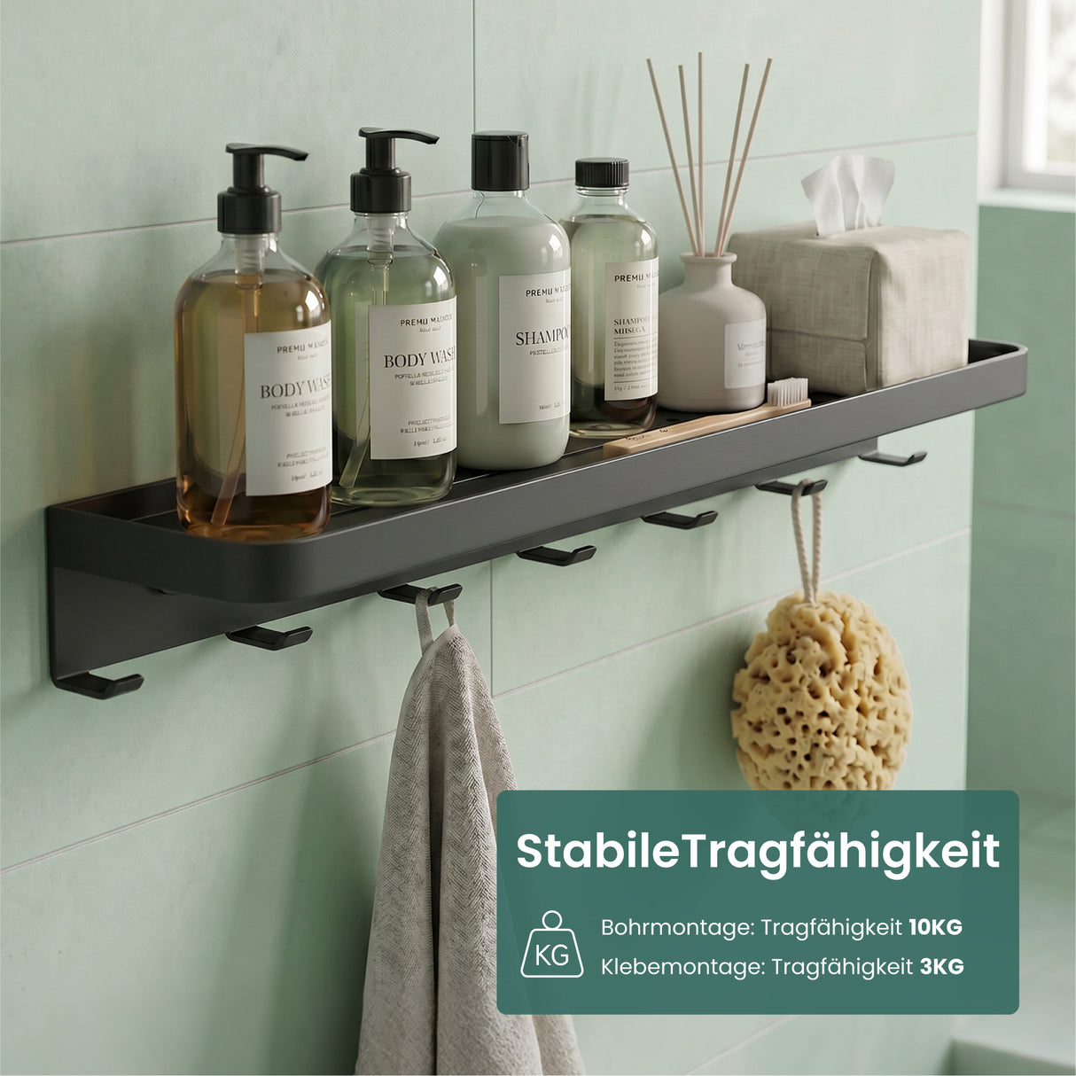 glasvilla Wandgarderobe mit Ablage, Garderobenleiste 50cm, Reglo-20 | Inkl.7 Garderobenhaken; als Wandhaken oder Kleiderhaken, Klebe- oder Bohrmontage, für Bad, Küche, Flur