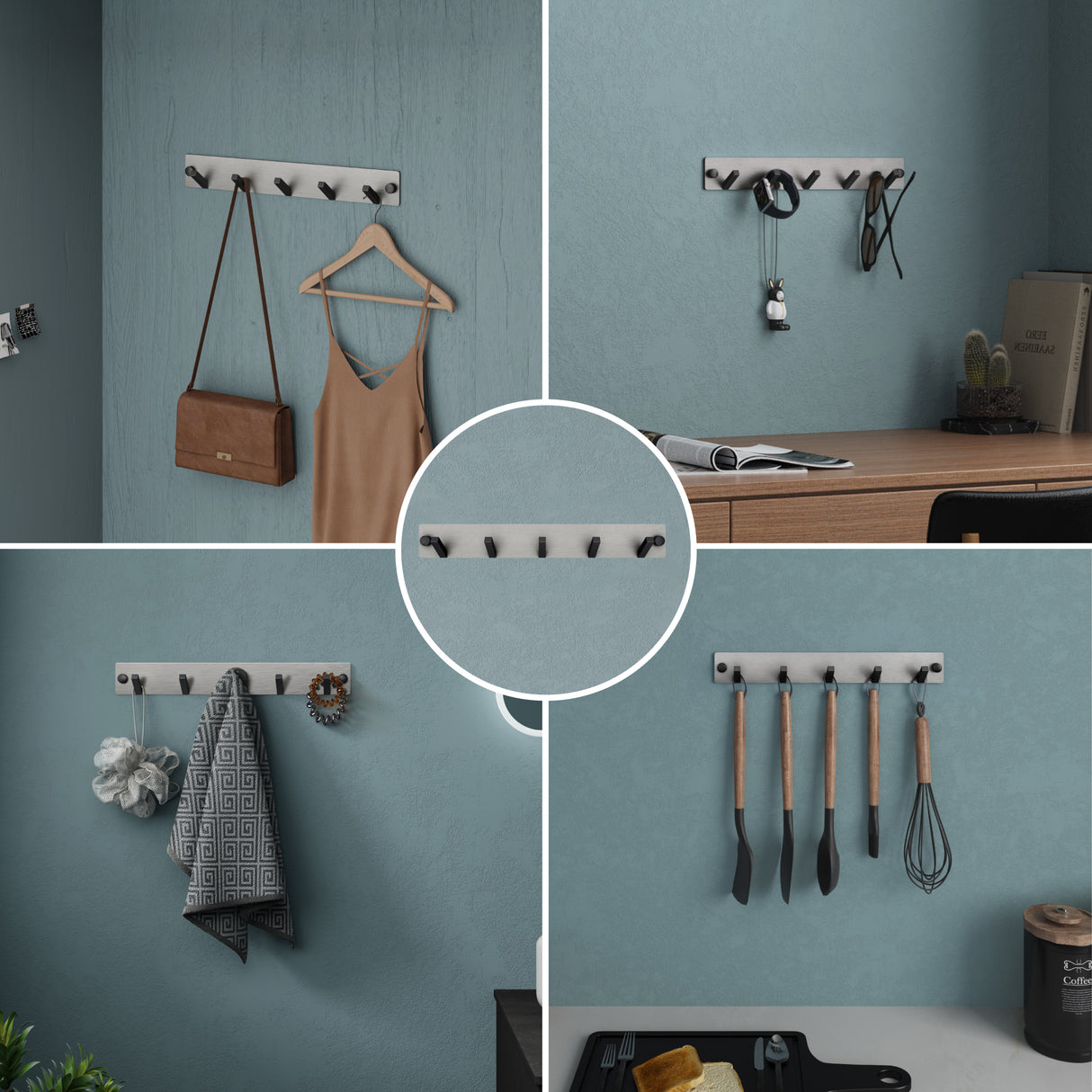 Porte-manteau mural Glasvilla, crochets muraux en aluminium, porte-manteau avec crochets pliables, tringle à vêtements, crochets pour vêtements Stalo-04+05