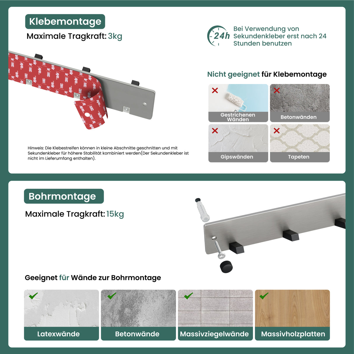 Porte-manteau mural Glasvilla, crochets muraux en aluminium, porte-manteau avec crochets pliables, tringle à vêtements, crochets pour vêtements Stalo-04+05