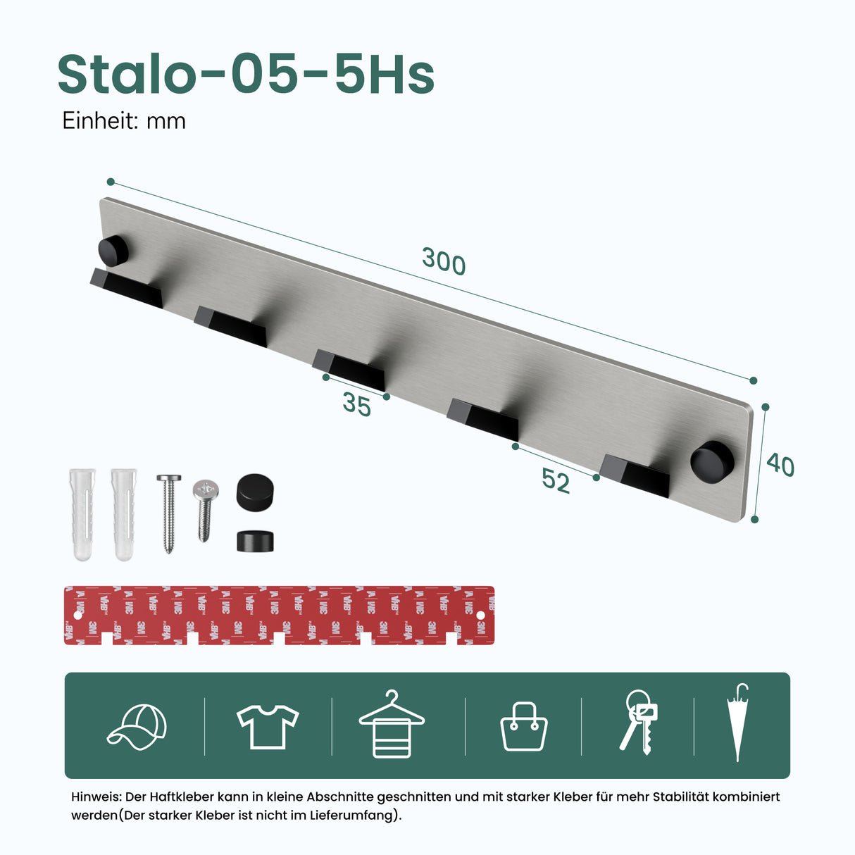 Porte-manteau mural Glasvilla, crochets muraux en aluminium, porte-manteau avec crochets pliables, tringle à vêtements, crochets pour vêtements Stalo-04+05