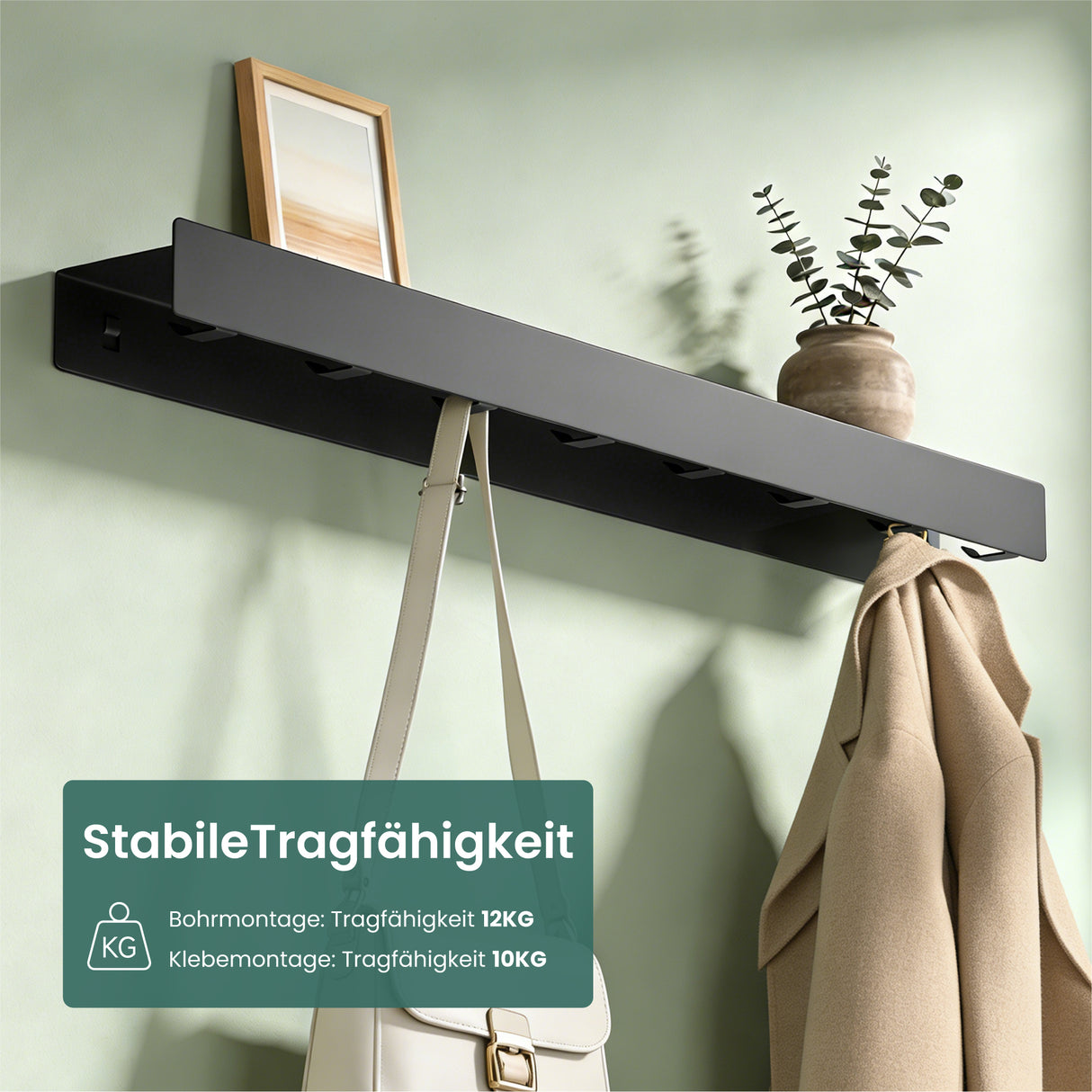 glasvilla Wandgarderobe mit Ablage und 8 Haken, Garderobenleiste mit versteckten Kleiderhaken, Kleiderstange Wandmontage Stalo-11