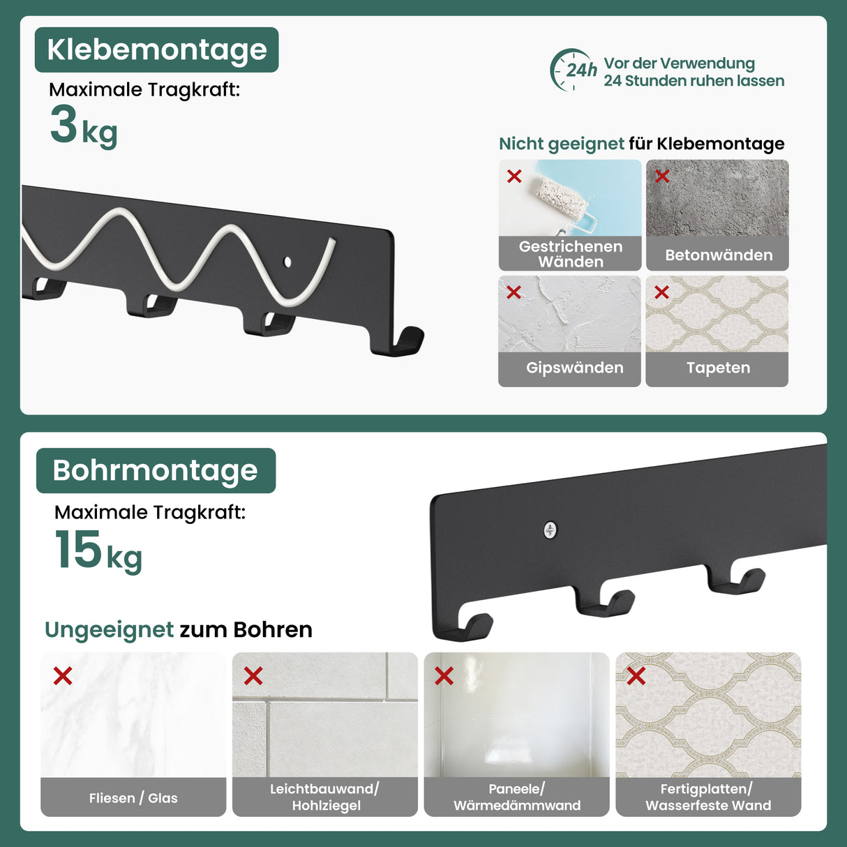 glasvilla Kleiderhaken Garderobenhaken zum Bohren oder Kleben, Wandhaken mit 7 Haken, Garderobenleiste Wandgarderobe Stalo-17