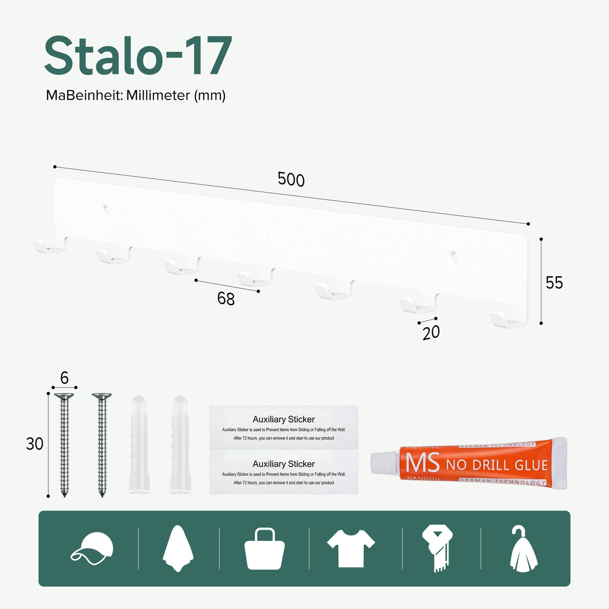 glasvilla Appendiabiti da Parete con 7 Ganci, Attaccapanni da Muro in Metallo, Strato Antiruggine, Ganci Appendiabiti per Camera da Letto, Ingresso, Cucina, Bagno, Stalo-17