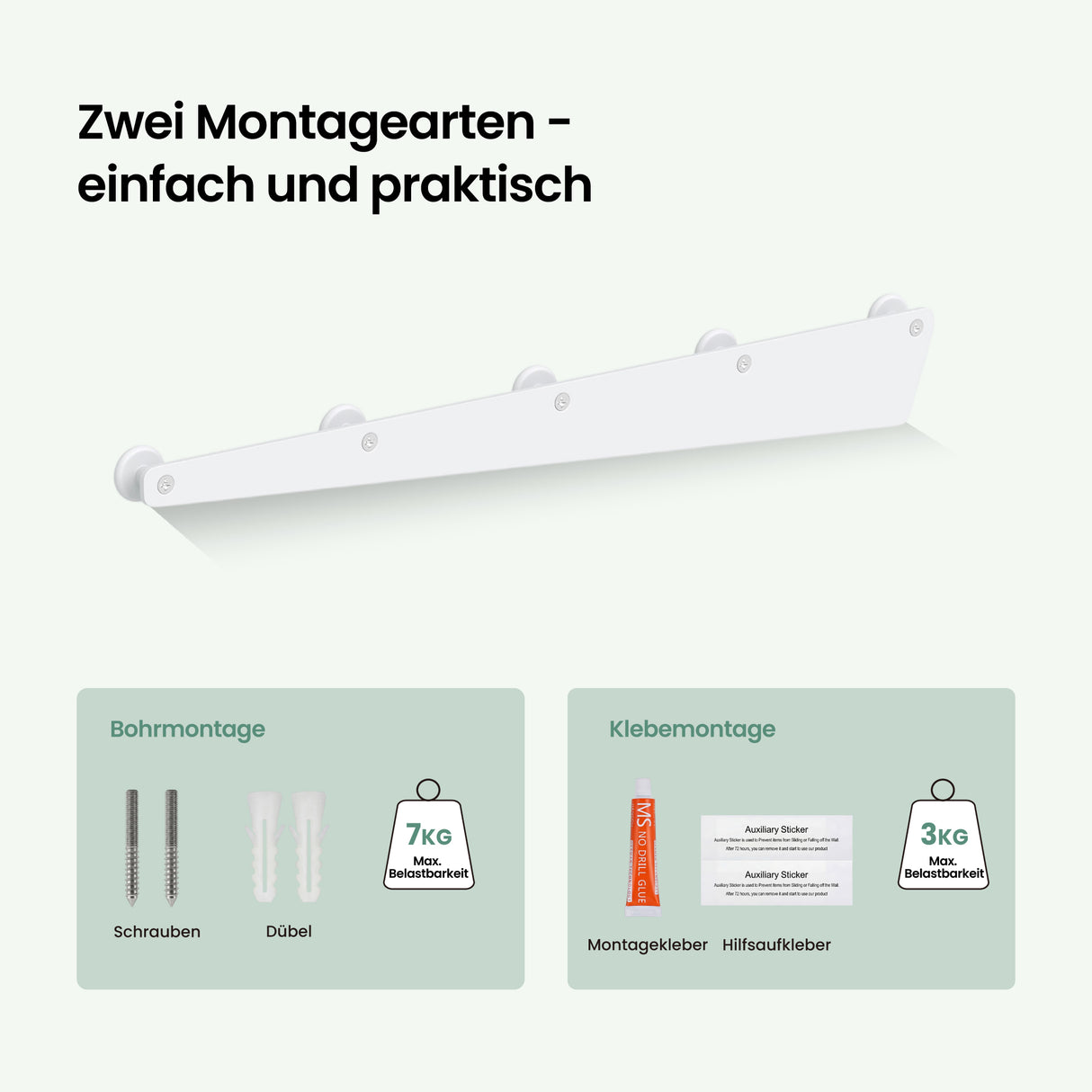 glasvilla Garderobenhaken zum Bohren oder Kleben, Kleiderhaken aus Aluminiumlegierung, Garderobenleiste mit 5 Haken, Hakenleiste Stalo-18