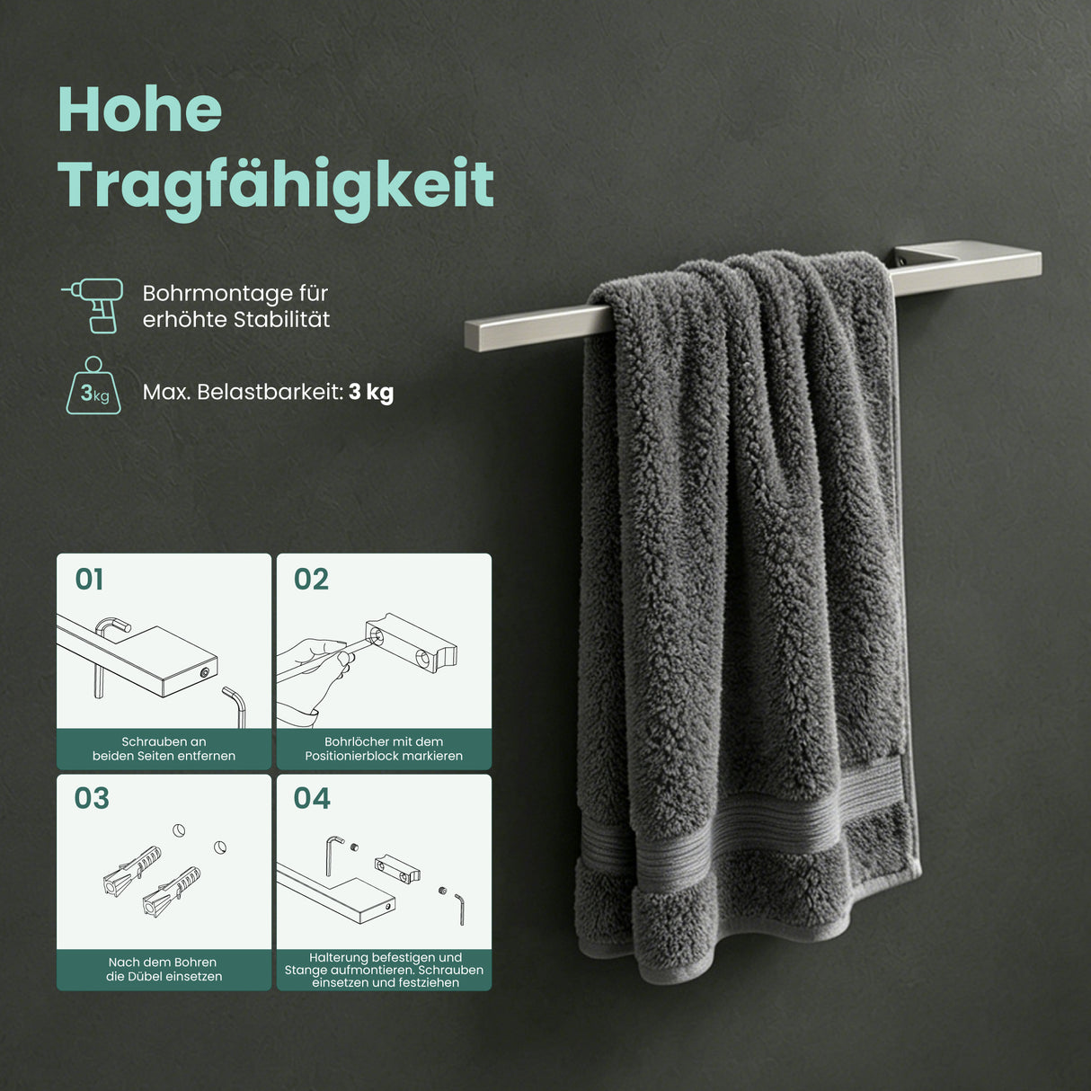 glasvilla Handtuchhalter aus Edelstahl, Handtuchstange 38cm | Hantuchhalterung Wandmontage für Bad & Küche, Badetuchhalter Einarmig Tavrin-05