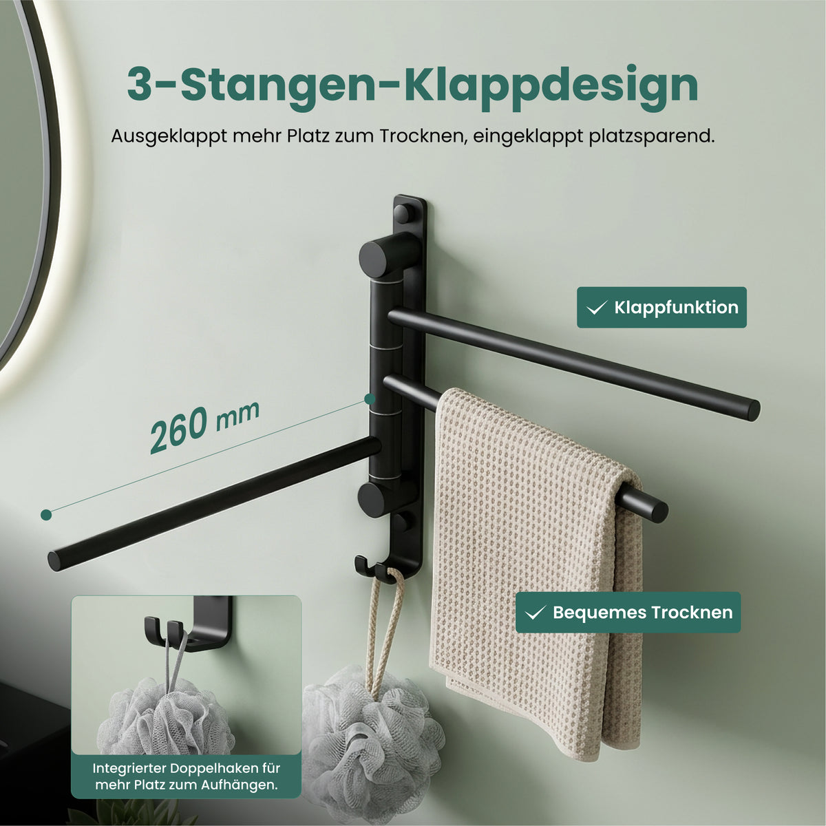 glasvilla Handtuchhalter 180° Schwenkbar 3-armig aus Edelstahl Handtuchhalterung Badetuchhalter ohne Bohren oder mit Bohren, 3-Stangen Handtuchstange für Bad und Küche, Tavrin-06