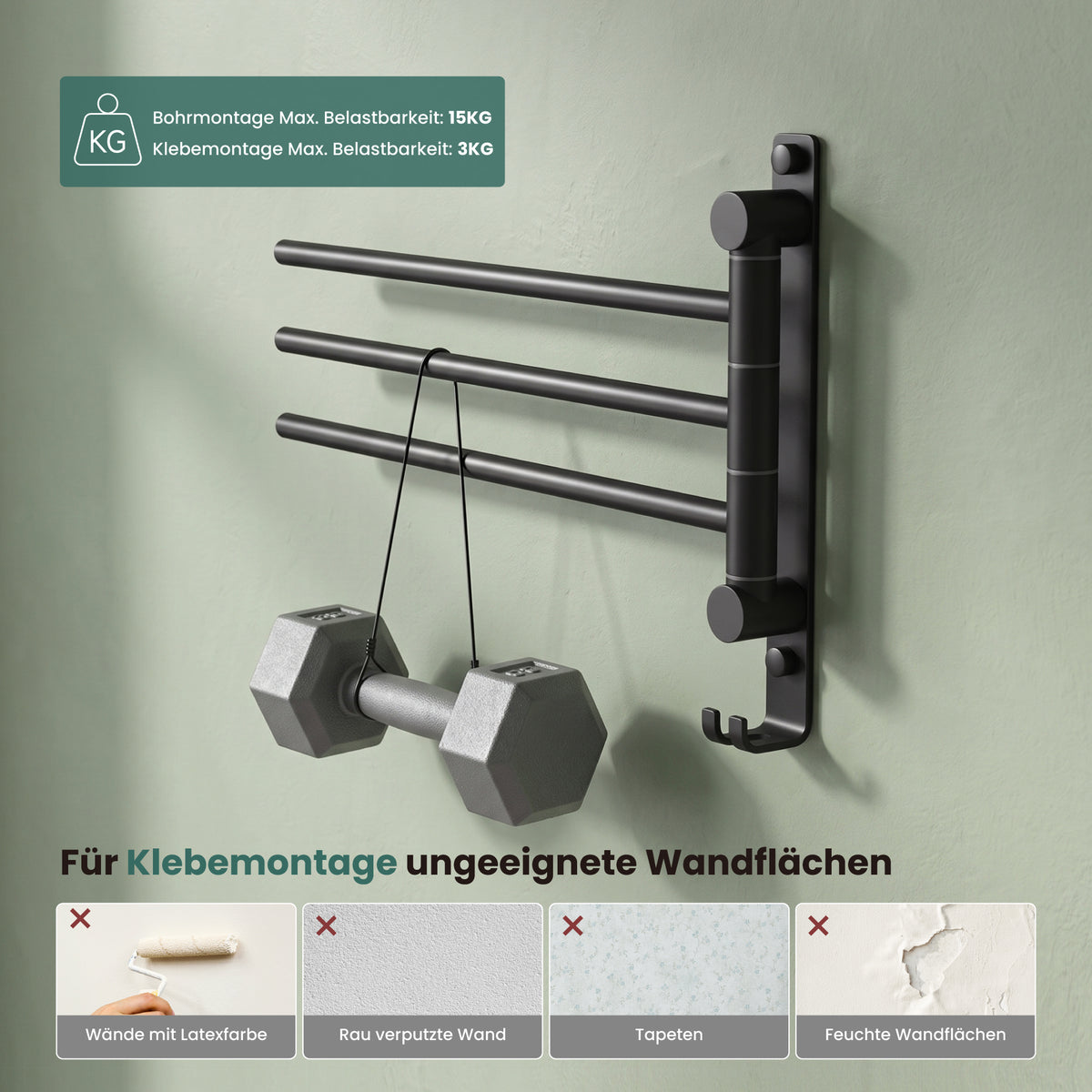 glasvilla Handtuchhalter 180° Schwenkbar 3-armig aus Edelstahl Handtuchhalterung Badetuchhalter ohne Bohren oder mit Bohren, 3-Stangen Handtuchstange für Bad und Küche, Tavrin-06