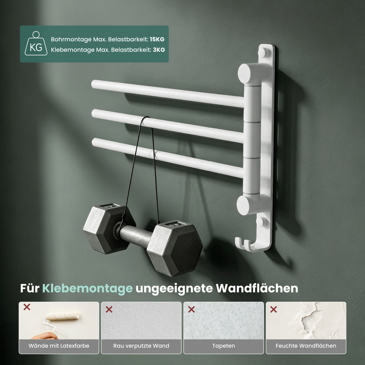 glasvilla Handtuchhalter 180° Schwenkbar 3-armig aus Edelstahl Handtuchhalterung Badetuchhalter ohne Bohren oder mit Bohren, 3-Stangen Handtuchstange für Bad und Küche, Tavrin-06