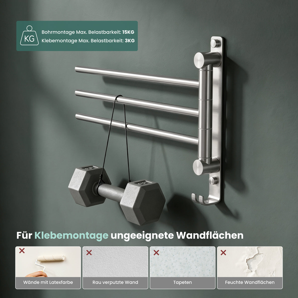 glasvilla Handtuchhalter 180° Schwenkbar 3-armig aus Edelstahl Handtuchhalterung Badetuchhalter ohne Bohren oder mit Bohren, 3-Stangen Handtuchstange für Bad und Küche, Tavrin-06