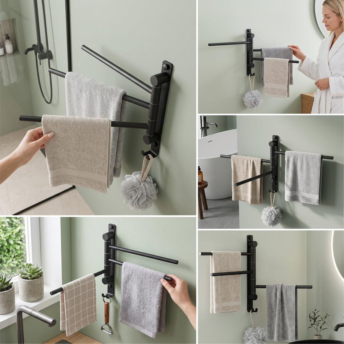 glasvilla Handtuchhalter 180° Schwenkbar 3-armig aus Edelstahl Handtuchhalterung Badetuchhalter ohne Bohren oder mit Bohren, 3-Stangen Handtuchstange für Bad und Küche, Tavrin-06