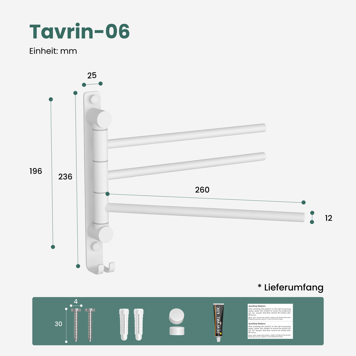 glasvilla Handtuchhalter 180° Schwenkbar 3-armig aus Edelstahl Handtuchhalterung Badetuchhalter ohne Bohren oder mit Bohren, 3-Stangen Handtuchstange für Bad und Küche, Tavrin-06