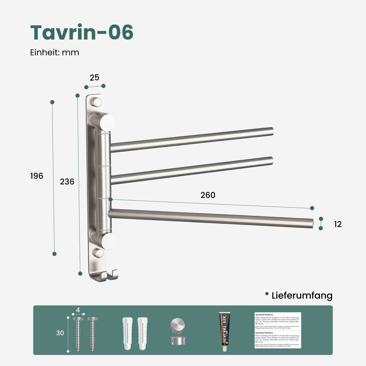 glasvilla Handtuchhalter 180° Schwenkbar 3-armig aus Edelstahl Handtuchhalterung Badetuchhalter ohne Bohren oder mit Bohren, 3-Stangen Handtuchstange für Bad und Küche, Tavrin-06