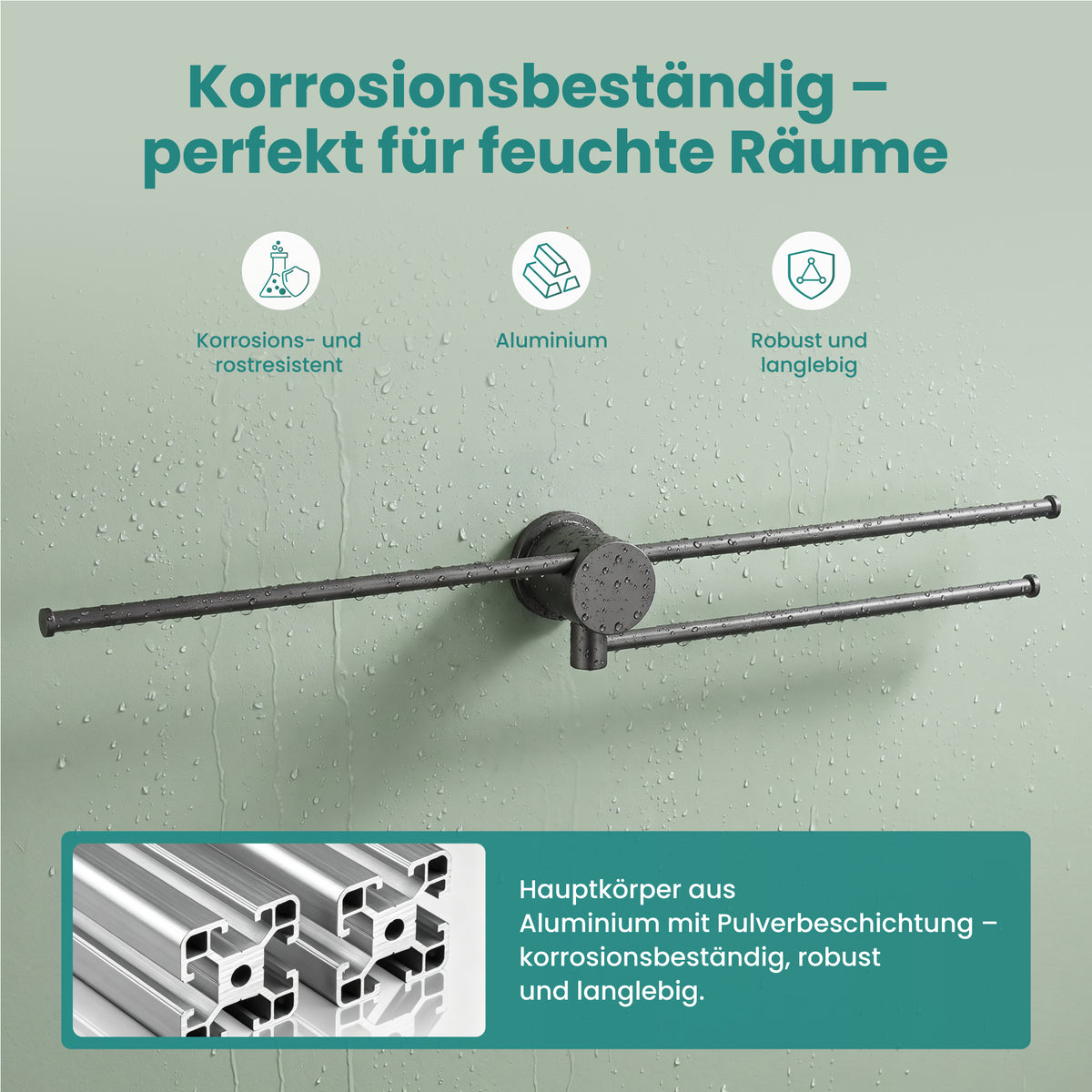 glasvilla Handtuchhalter ohne Bohren, 360° schwenkbar, Wand-Handtuchhalter aus Aluminium, 60,7 cm, selbstklebend oder zum Bohren, verstellbar, für Hand- & Badetücher, Tavrin-08