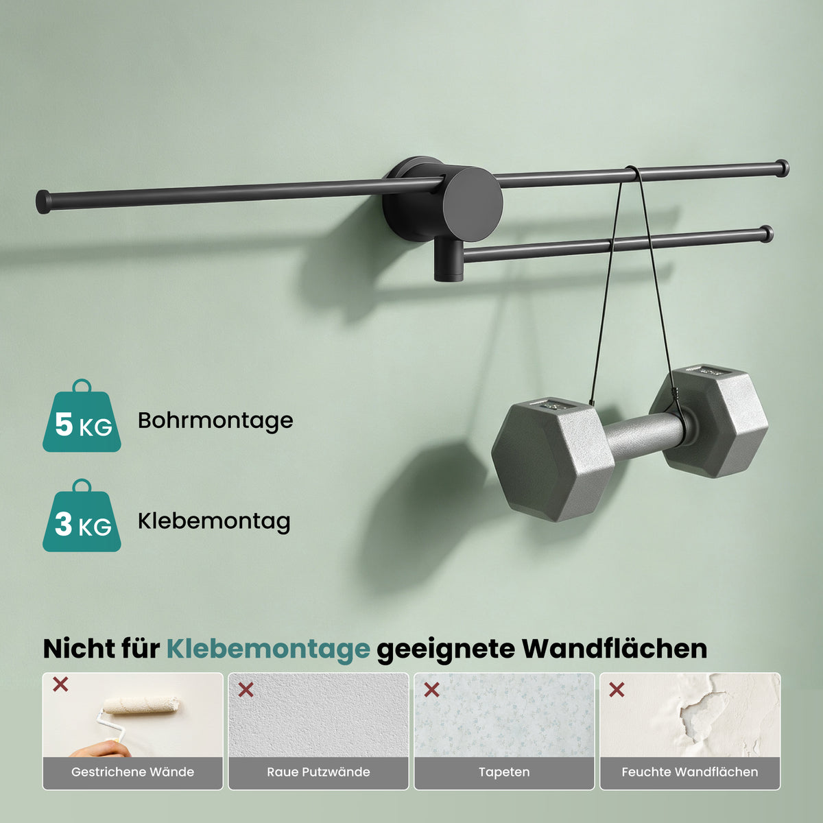 glasvilla Handtuchhalter ohne Bohren, 360° schwenkbar, Wand-Handtuchhalter aus Aluminium, 60,7 cm, selbstklebend oder zum Bohren, verstellbar, für Hand- & Badetücher, Tavrin-08
