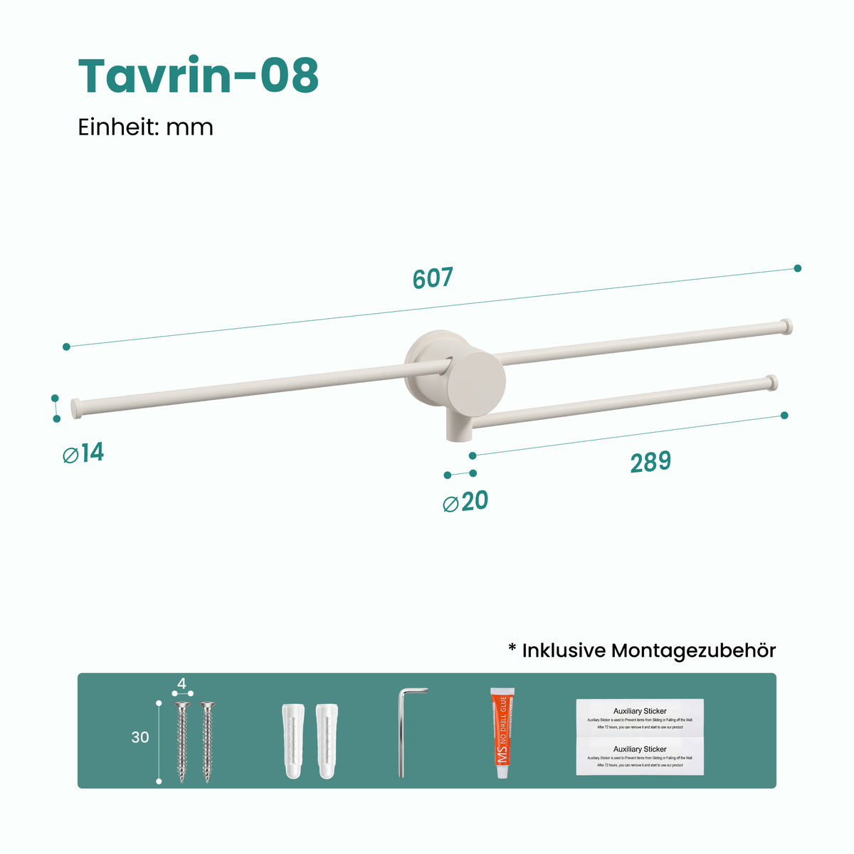 glasvilla Handtuchhalter ohne Bohren, 360° schwenkbar, Wand-Handtuchhalter aus Aluminium, 60,7 cm, selbstklebend oder zum Bohren, verstellbar, für Hand- & Badetücher, Tavrin-08
