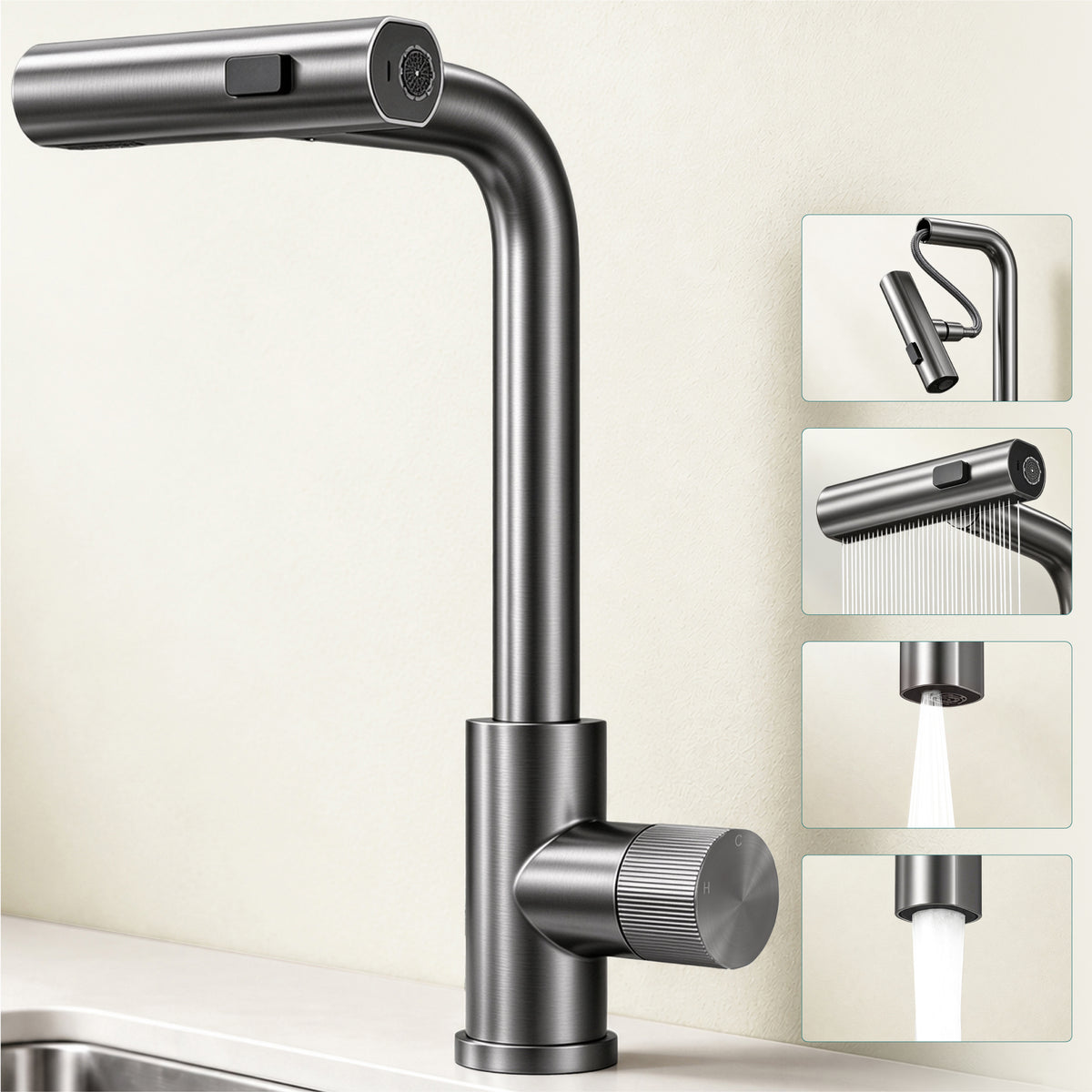 glasvilla Rubinetto per Cucina, 3 Modalità con Doccetta Estraibile, Rubinetto Lavello Cucina in Acciaio Inossidabile 304 con Cartuccia Ceramica, Tubi e Accessorri, Design Moderno Turnix-02