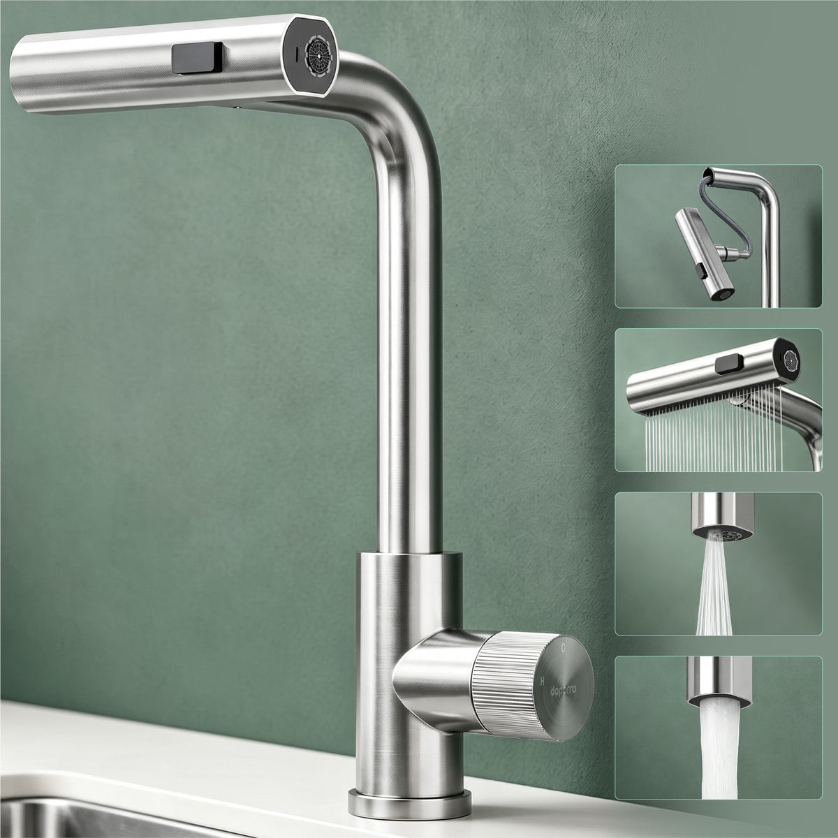 glasvilla Rubinetto per Cucina, 3 Modalità con Doccetta Estraibile, Rubinetto Lavello Cucina in Acciaio Inossidabile 304 con Cartuccia Ceramica, Tubi e Accessorri, Design Moderno Turnix-02