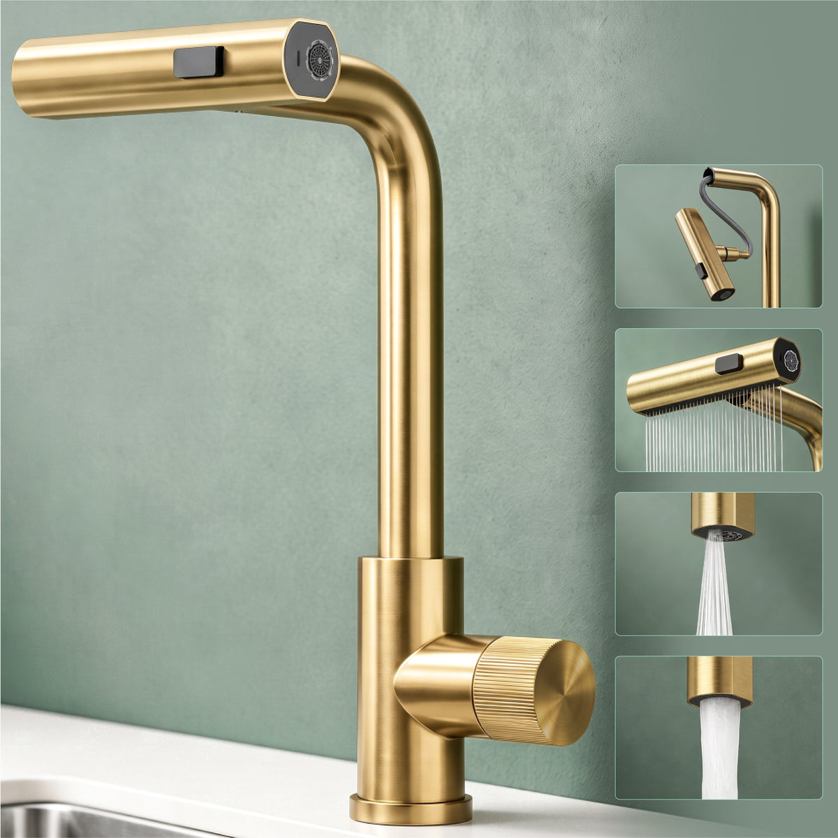 glasvilla Rubinetto per Cucina, 3 Modalità con Doccetta Estraibile, Rubinetto Lavello Cucina in Acciaio Inossidabile 304 con Cartuccia Ceramica, Tubi e Accessorri, Design Moderno Turnix-02