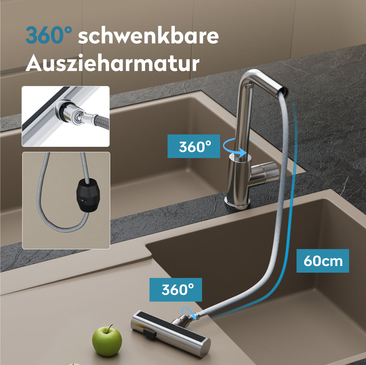 glasvilla Robinet de cuisine avec douchette extractible, mitigeur de cuisine pivotant à 360° avec 3 modes de pulvérisation, mitigeur d'évier en acier inoxydable Turnix-02