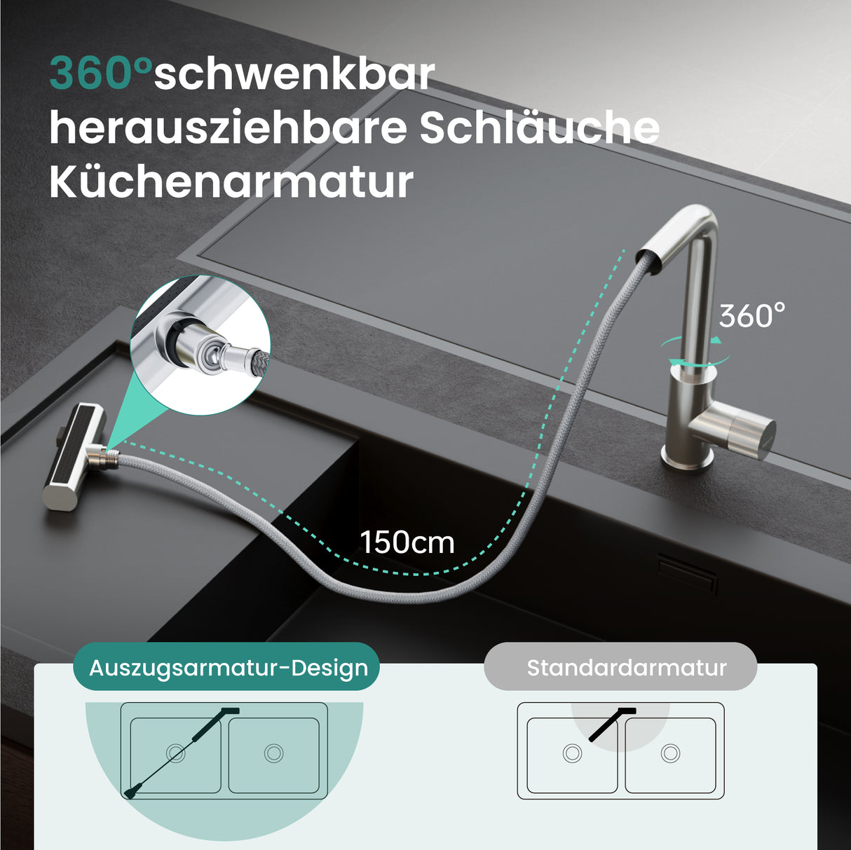 glasvilla Wasserhahn Küche Küchenarmatur mit Brause Ausziehbar, Küchenwasserhahn 360°Schwenkbar 3 Sprühfunktionen, Mischbatterie Spültischarmatur aus Edelstahl Turnix-02