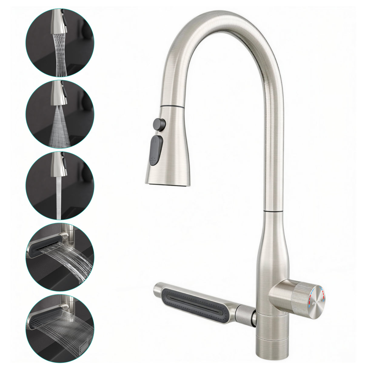 glasvilla Wasserhahn Küche mit Wasserfallstrahl, Spültischarmatur Küchenarmatur, Mischbatterie mit Einhebelmischer 360° Schwenkbar, Küchenwasserhahn aus Edelstahl Silber Turnix-03