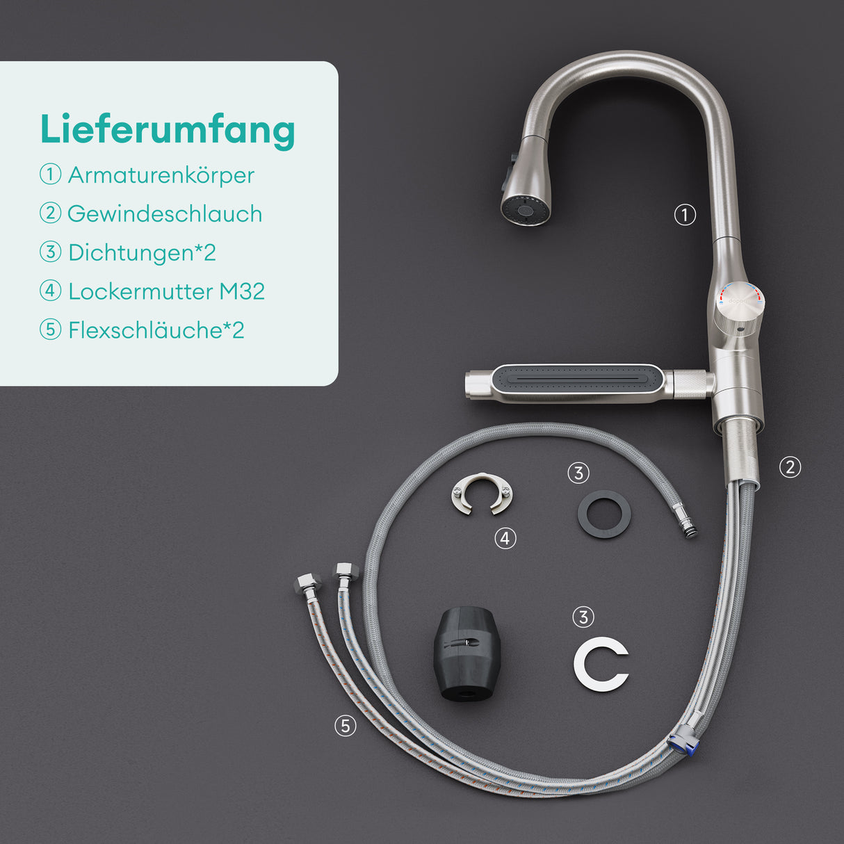 glasvilla Wasserhahn Küche mit Wasserfallstrahl, Spültischarmatur Küchenarmatur, Mischbatterie mit Einhebelmischer 360° Schwenkbar, Küchenwasserhahn aus Edelstahl Silber Turnix-03