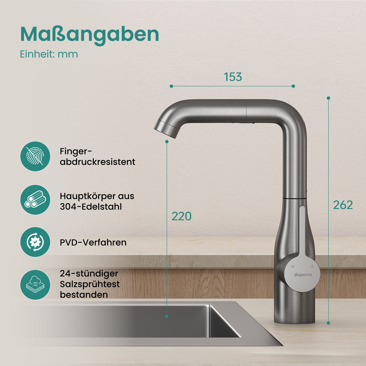 glasvilla Wasserhahn Küche Küchenarmatur mit Brause Ausziehbar, Küchenwasserhahn 360°Schwenkbar, Mischbatterie Spültischarmatur aus Edelstahl Turnix-04