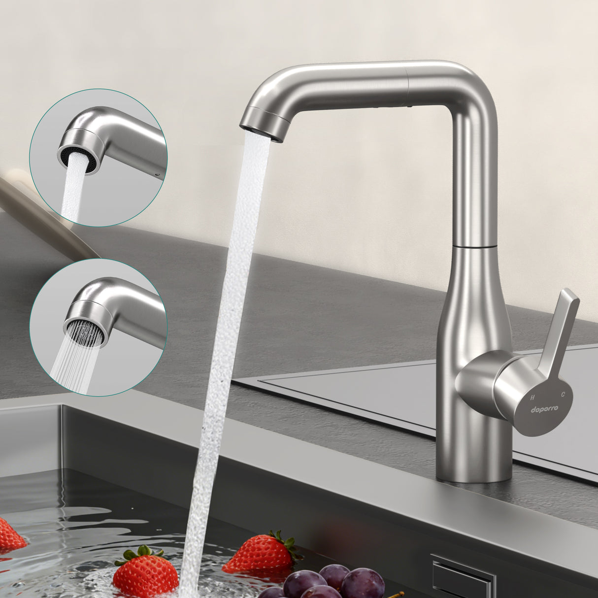 glasvilla Wasserhahn Küche Küchenarmatur mit Brause Ausziehbar, Küchenwasserhahn 360°Schwenkbar, Mischbatterie Spültischarmatur aus Edelstahl Turnix-04