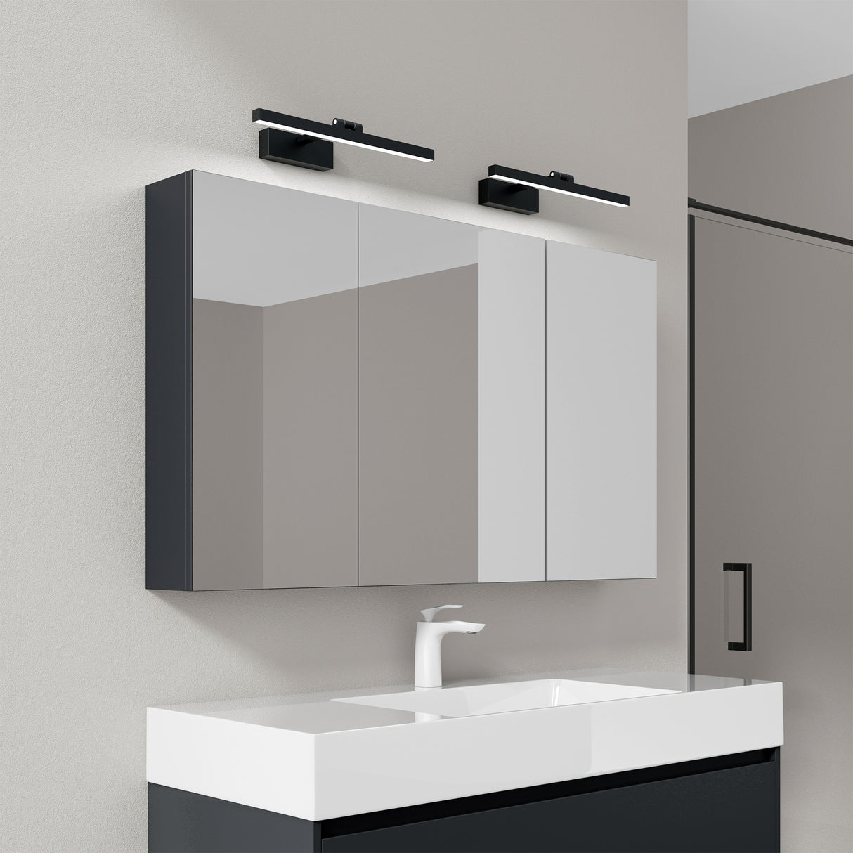 Armoire de toilette Glasvilla avec miroir et lampe intégrée, meuble de salle de bain, éclairage miroir, lampe de salle de bain LED rotative à 180°, d'une beauté rayonnante