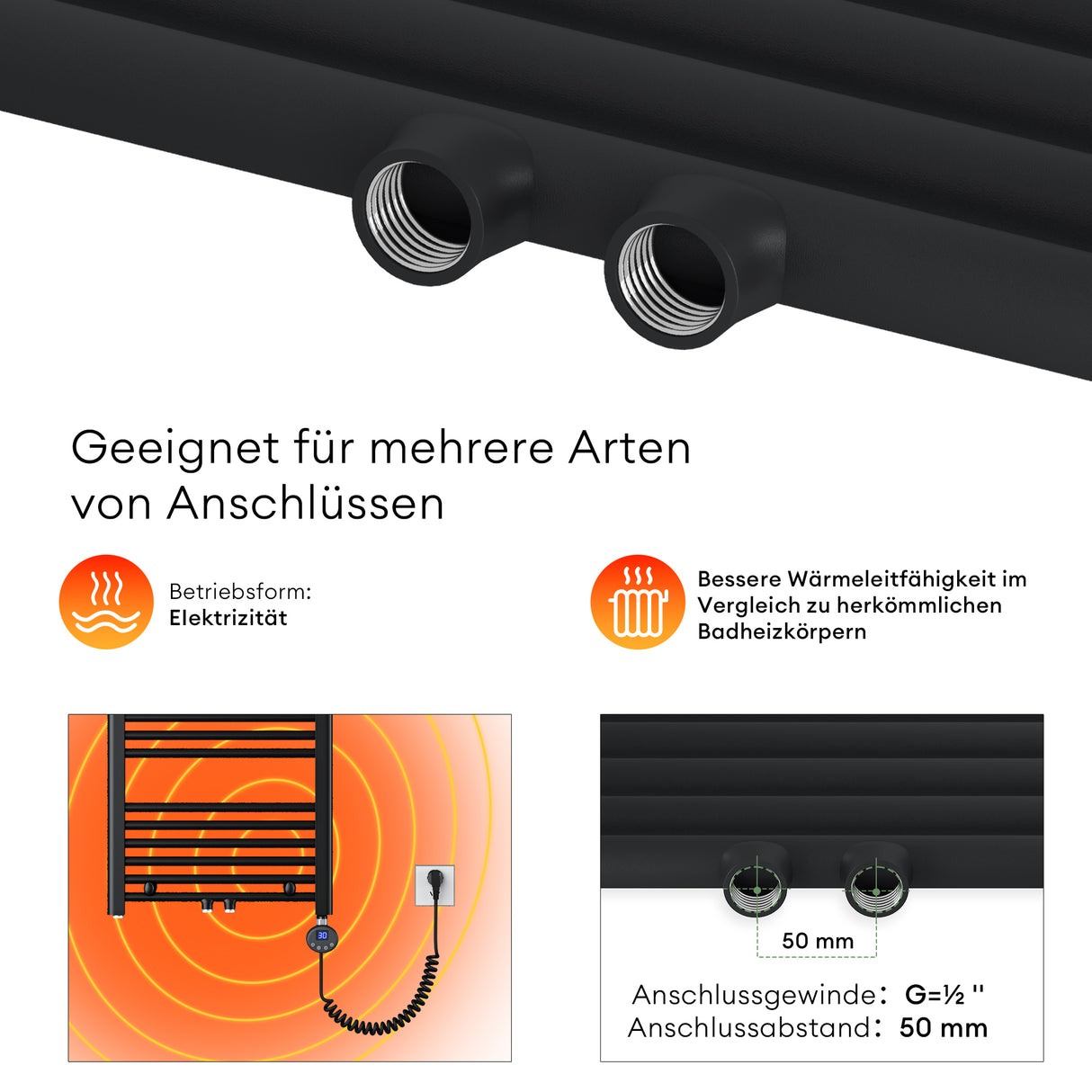 glasvilla Radiateur de Salle de Bain Sèche-Serviettes Électrique avec Raccordement Latéral Radiateur Tubulaire RHE avec Élément Chauffant 02