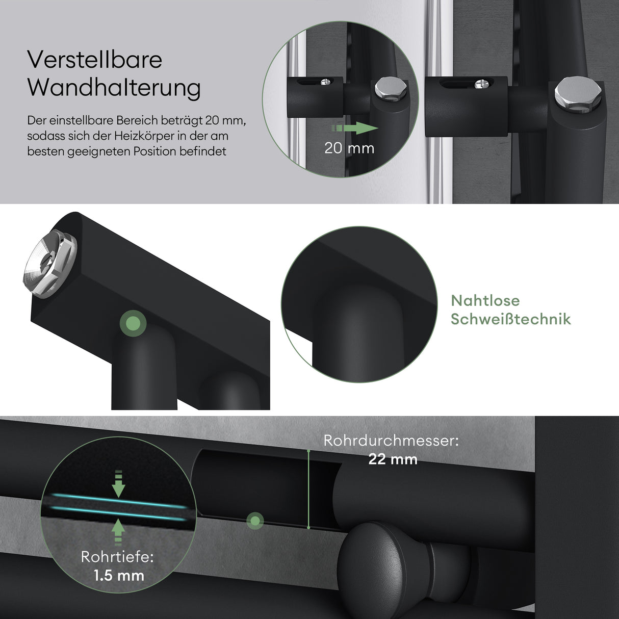 glasvilla Radiateur de Salle de Bain Sèche-Serviettes Électrique avec Raccordement Latéral Radiateur Tubulaire RHE avec Élément Chauffant 02
