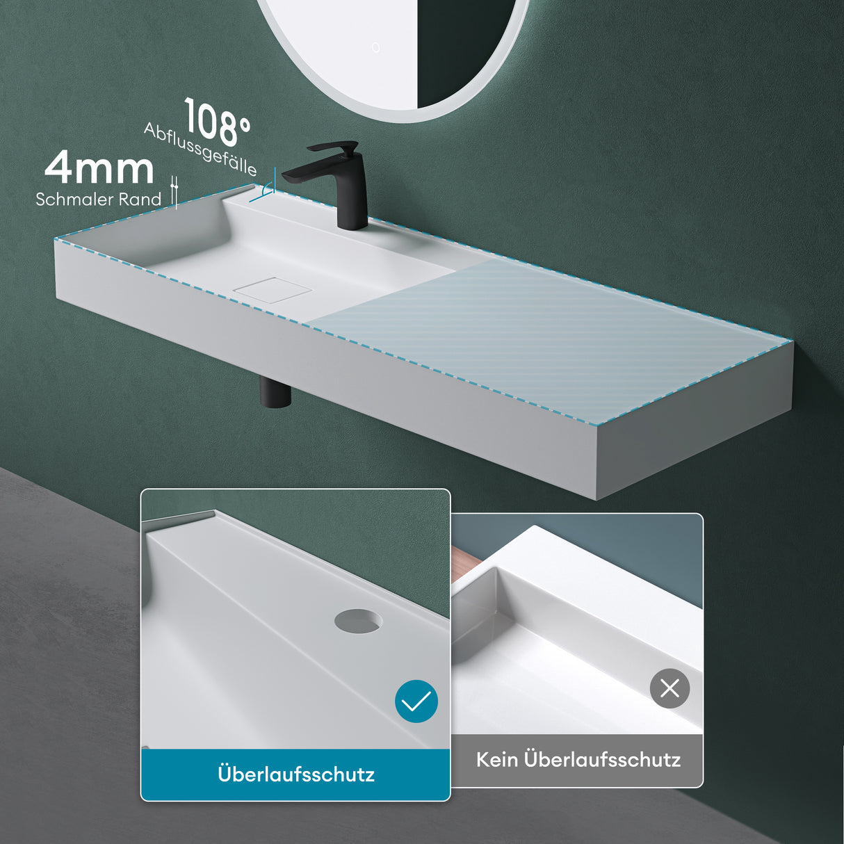 glasvilla Lavabo Bagno Sospeso da Marmo Fuso Lavandino Bagno a Parete Lavabo Rettangolare Colossum630