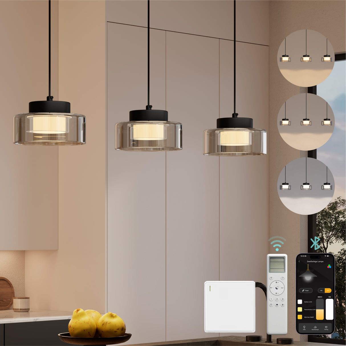 glasvilla Lampadario a Sospensione Temperature di Colore 3000K/4000K/6000K Lampada da Soffitto a Sospensione con Cavo Regolabile per Sala da Pranzo, Camera da Letto e Soggiorno