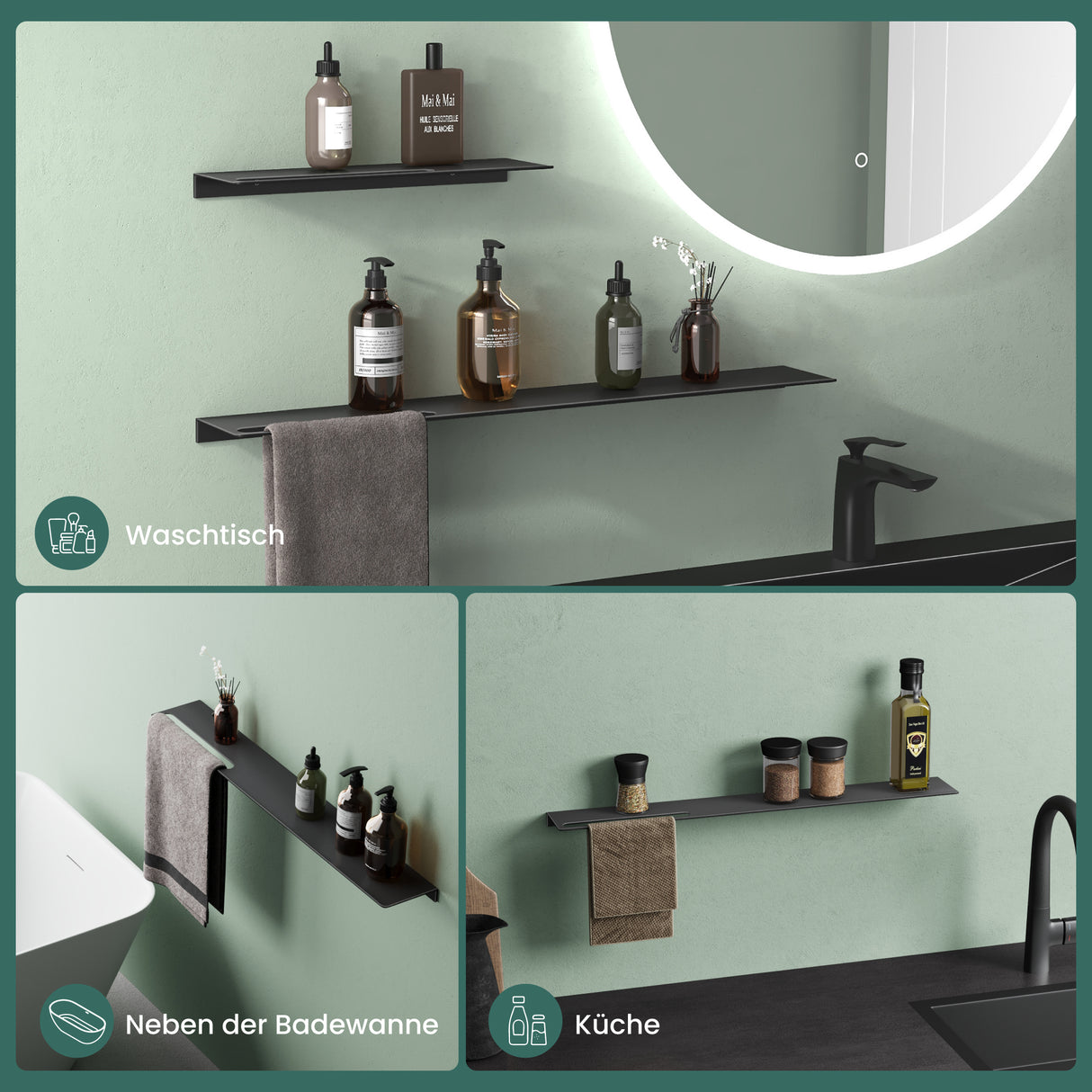 Estante de Ducha Glasvilla Reglo-06 Aluminio Premium 2-en-1 con Toallero (Atornillable o Adhesivo)