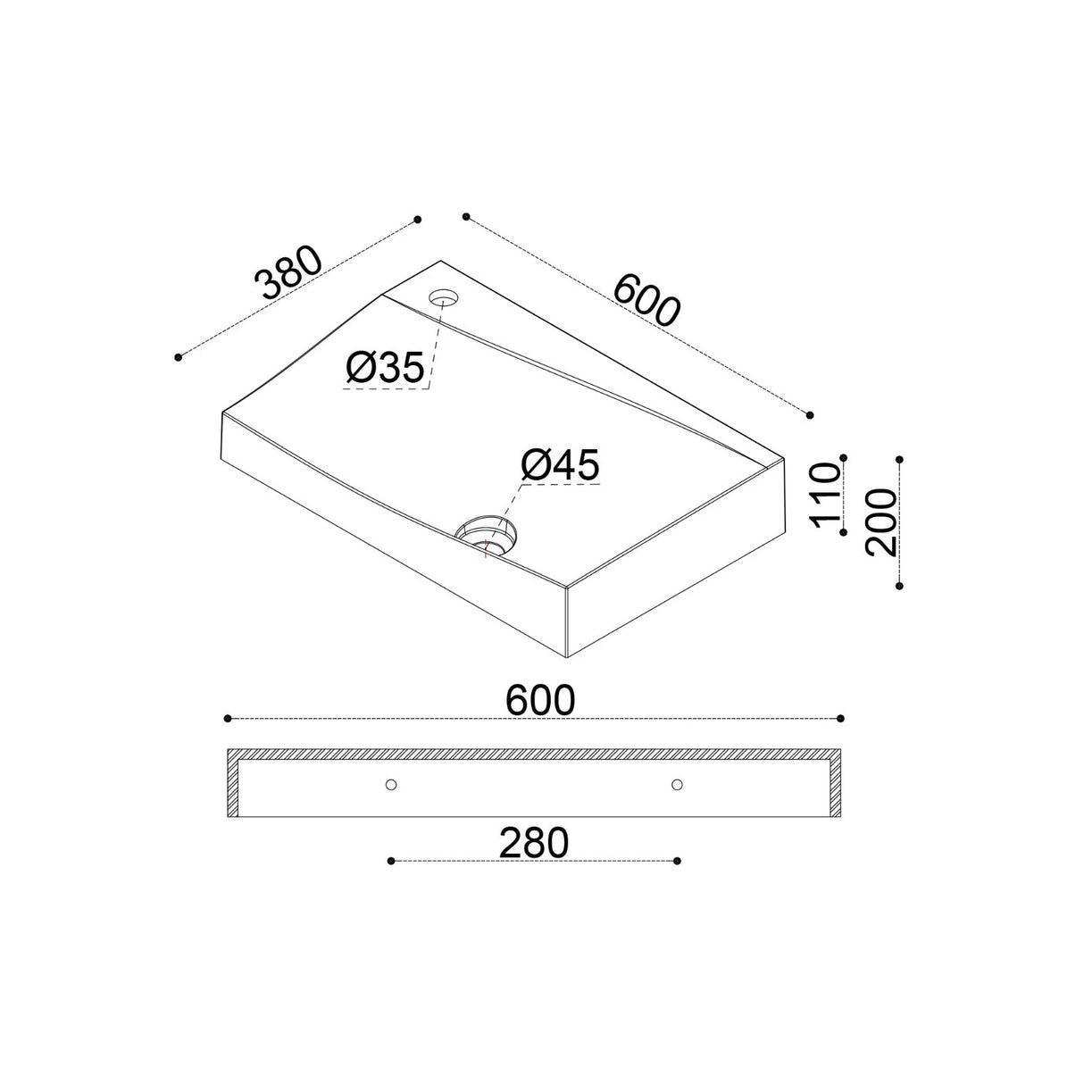 lavabo colgante glasvilla BTH: 60x38x20cm en blanco brillante de mineral fundido con tapa de desagüe cuenco de lavado Col6035