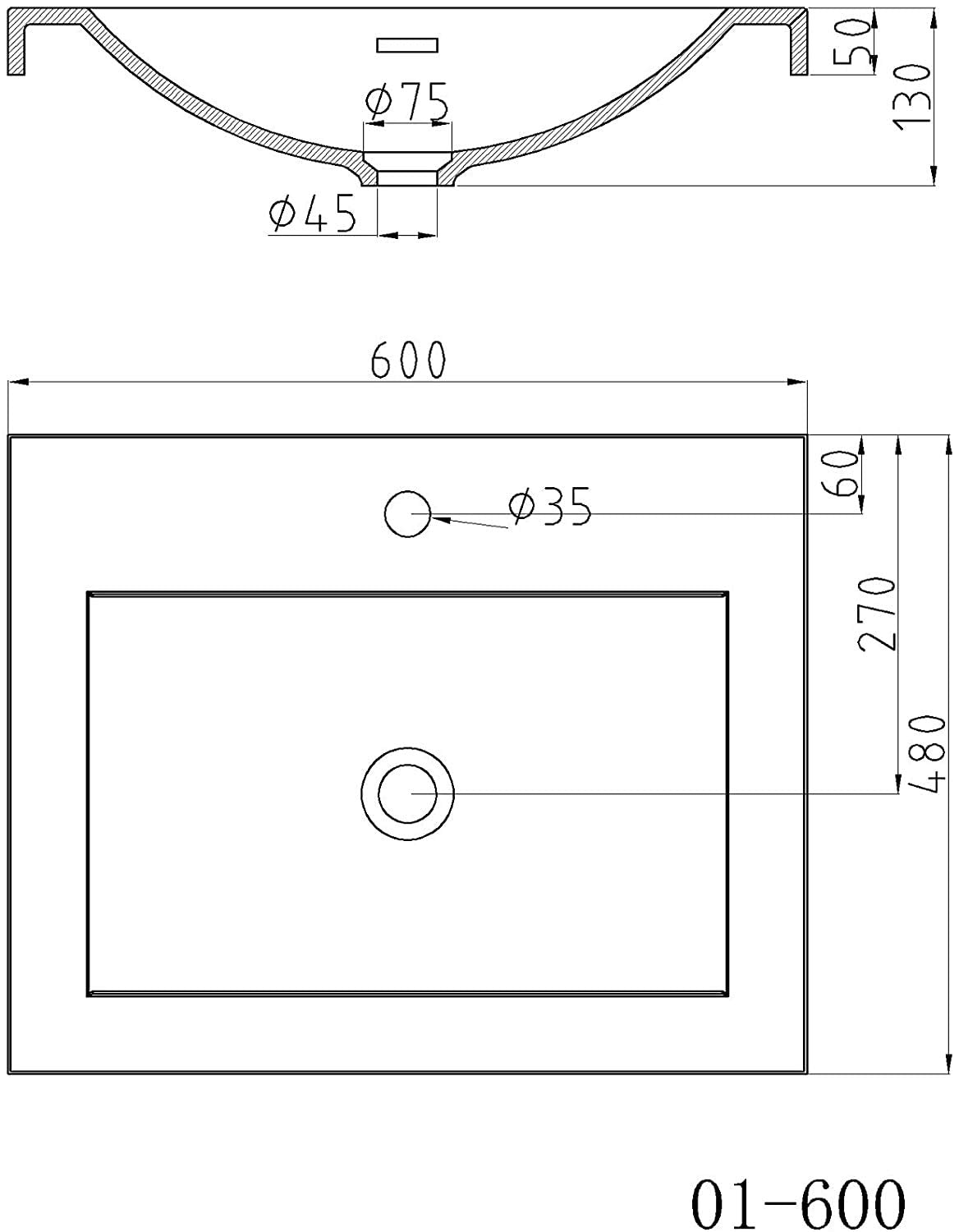 Lavabo Glasvilla, vasque encastrée, meuble-lavabo, en fonte minérale, rectangulaire, 1 trou de robinetterie, avec trop-plein, Col01