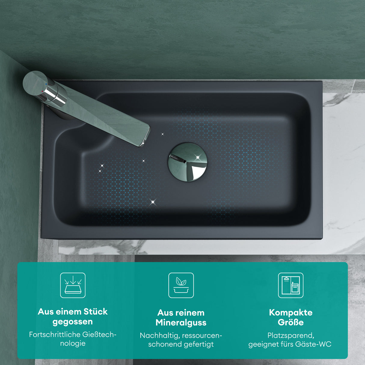 glasvilla Lavabo de invitados WC Lavabo de encimera con orificio para grifo 46x26x11cm Mineralguss Cuadrado Pequeño Cuenco de lavabo Espacio de lavabo Col101