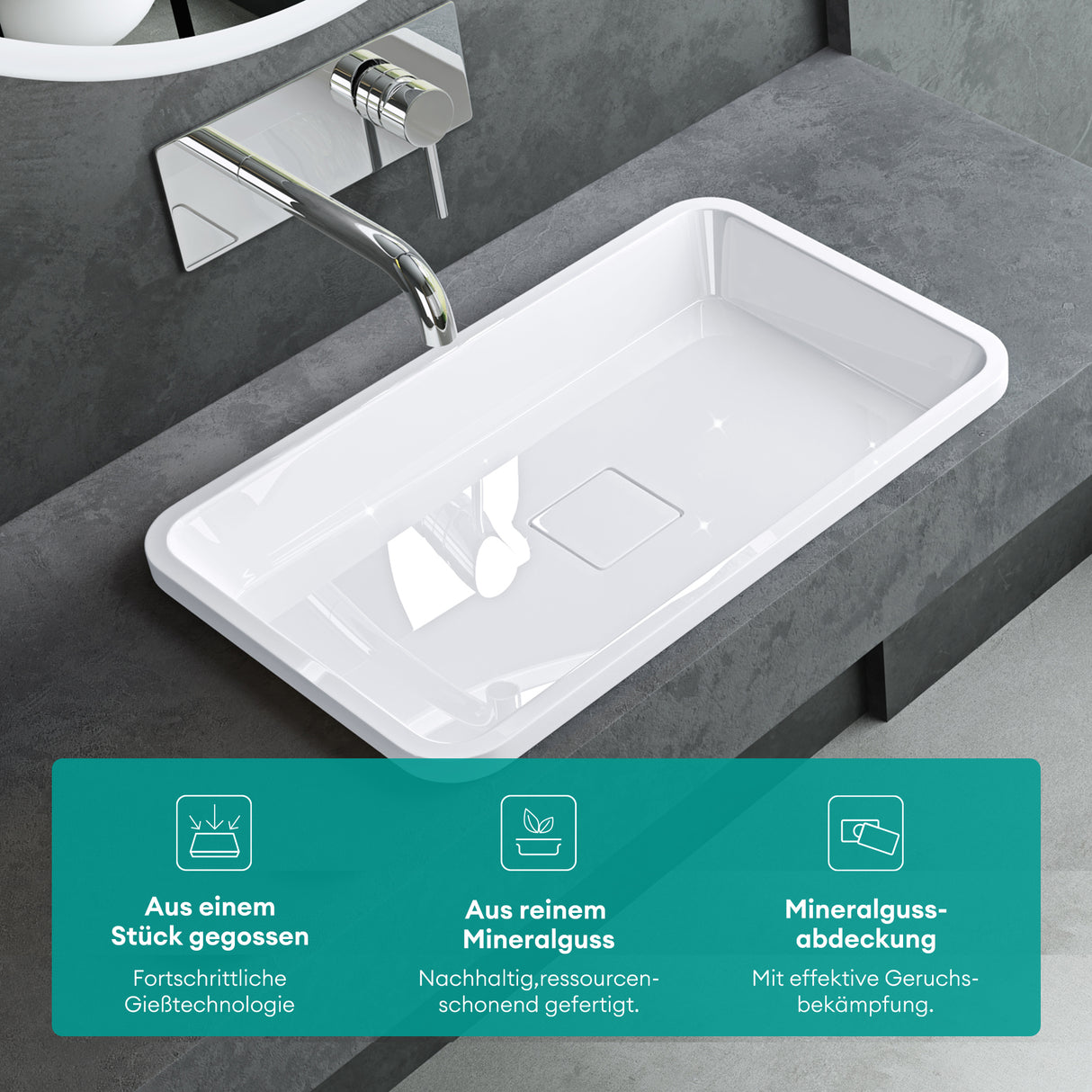 Lavabo Glasvilla, en fonte minérale, lavabo encastré avec couvercle de bonde Col104