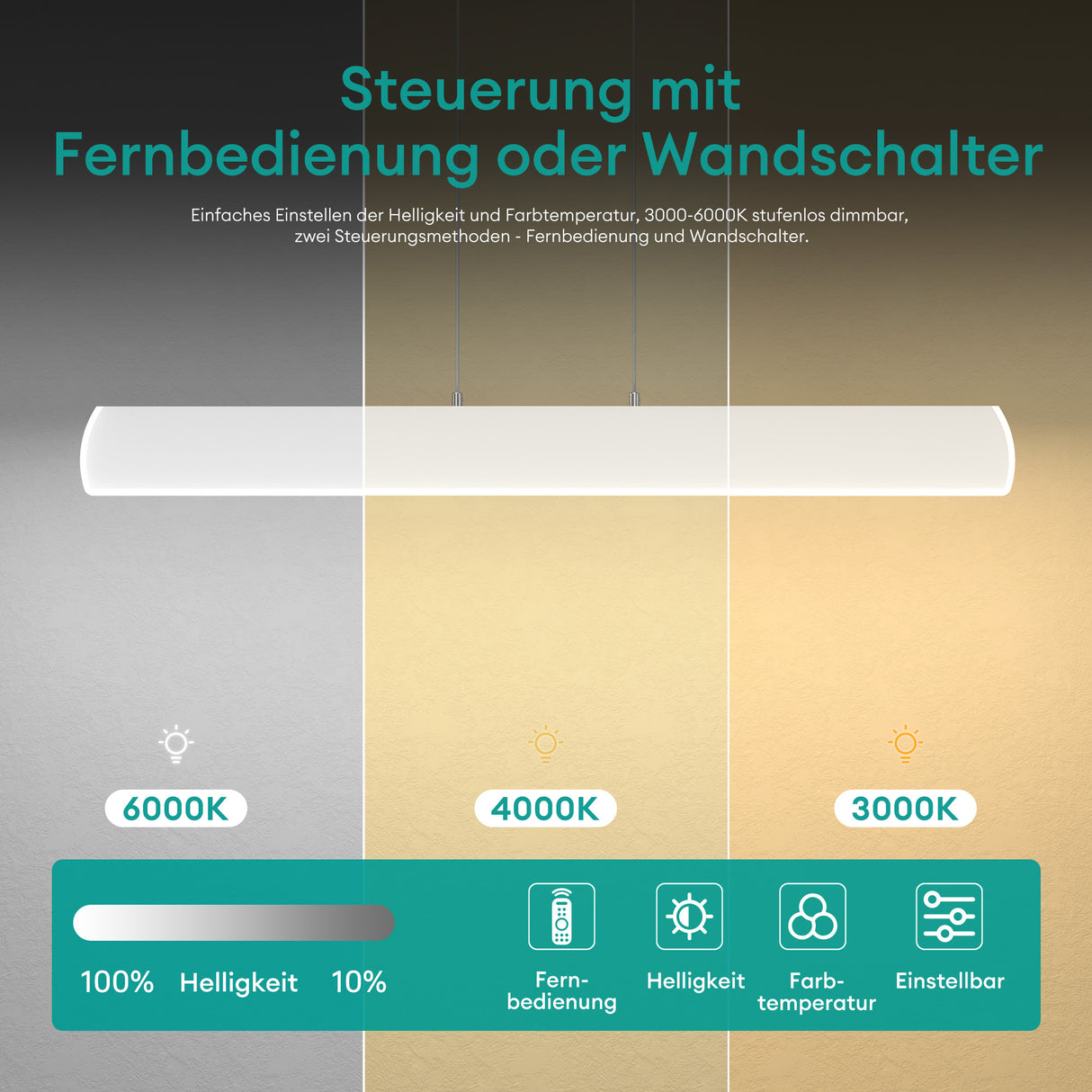 Suspension Glasvilla 100 cm, lampe LED dimmable avec télécommande, température de couleur 3000K/4000K/6000K, câble ajustable, 20 W, idéale pour salle à manger, salon ou chambre.